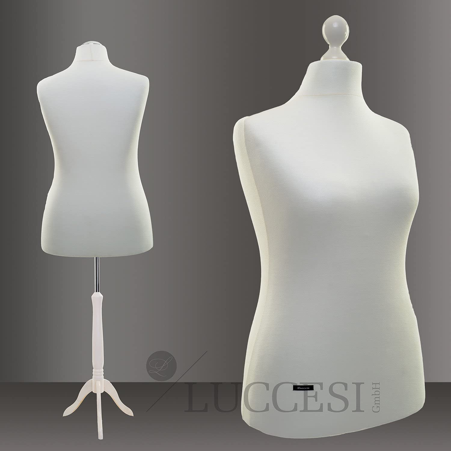 Schneiderpuppe / Größen S - XL (Female) / LUCCESI / Torso Size: L/XL (42-44) / Wechselbezug Creme-Weiss | Standfuss Weiss | Damen - Schaufensterpuppe