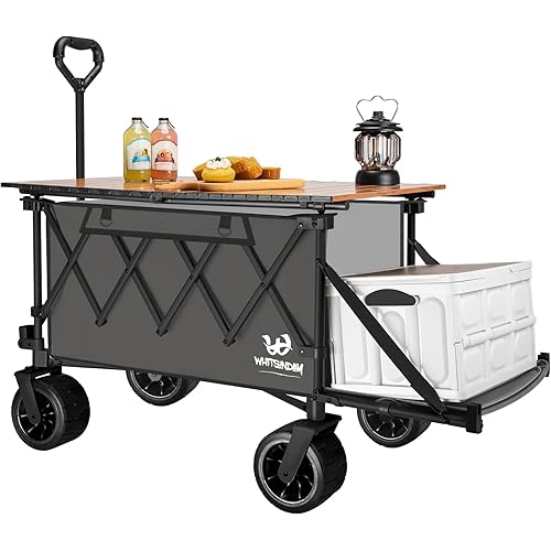 Whitsunday Collapsible Folding Wagon with Table,Heavy Duty Utility Beach Wagons with Opened Tailgate and All-Terrain Wheels for Camping,Garden,Sports Grey