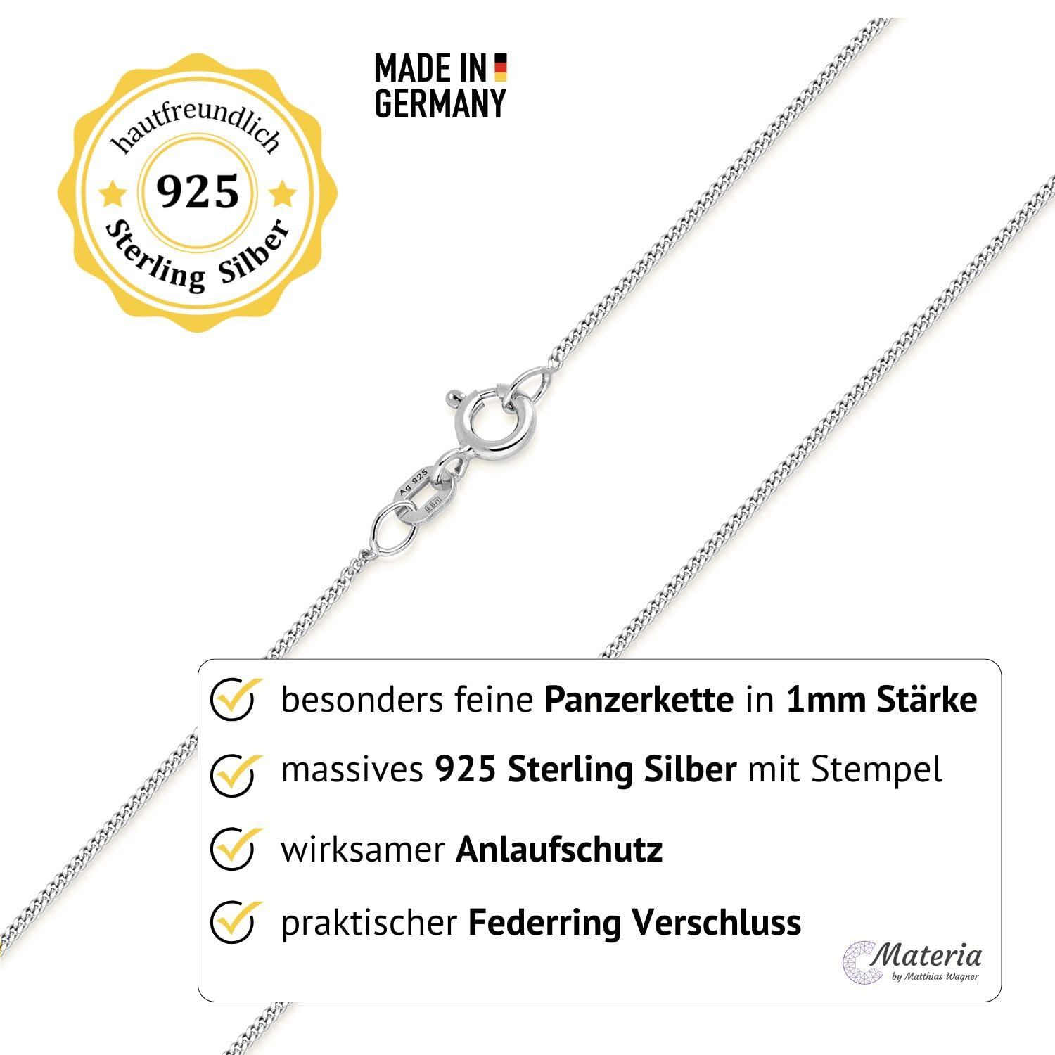 MATERIA Schmuck feine 925 Silber Panzerkette 1mm - Damen Halskette silber in 40-120 cm verfügbar #K32