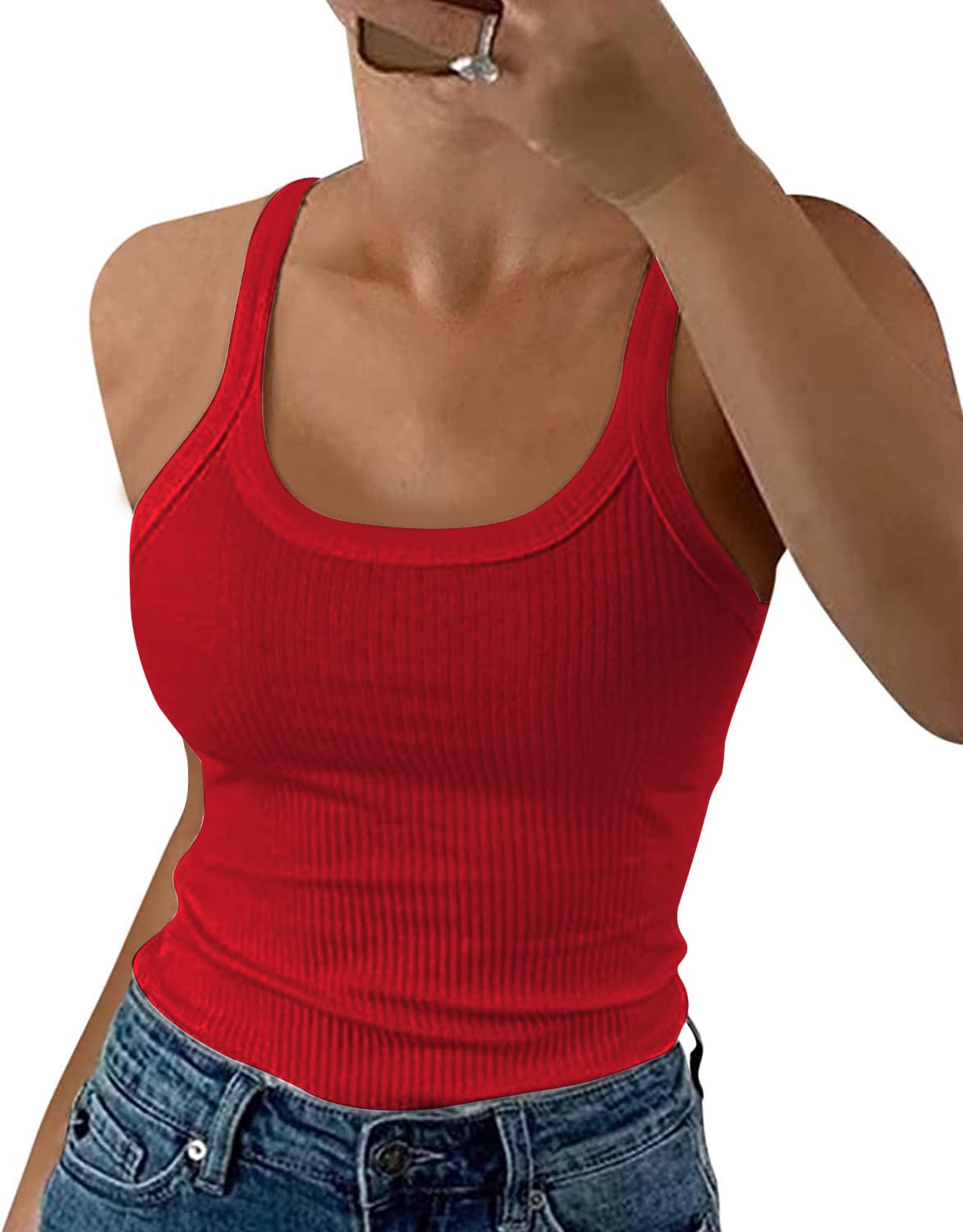 DUOEASE Canotta a Costine Donna Girocollo Spaghetti Top Donna Slim Fit Senza Maniche Canottiera Donna