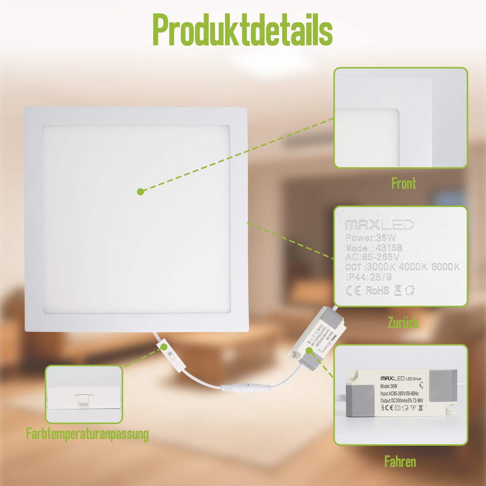Lampa Sufitowa LED 36W Nowoczesna Ultracienki Płaska Lampy Panel Przedpokój 2900Lm 400mmx400mm 3000K-6500K Aluminium IP44 Wodoodporna LED Lampa Łazienkowa Kuchenna Niestemowane