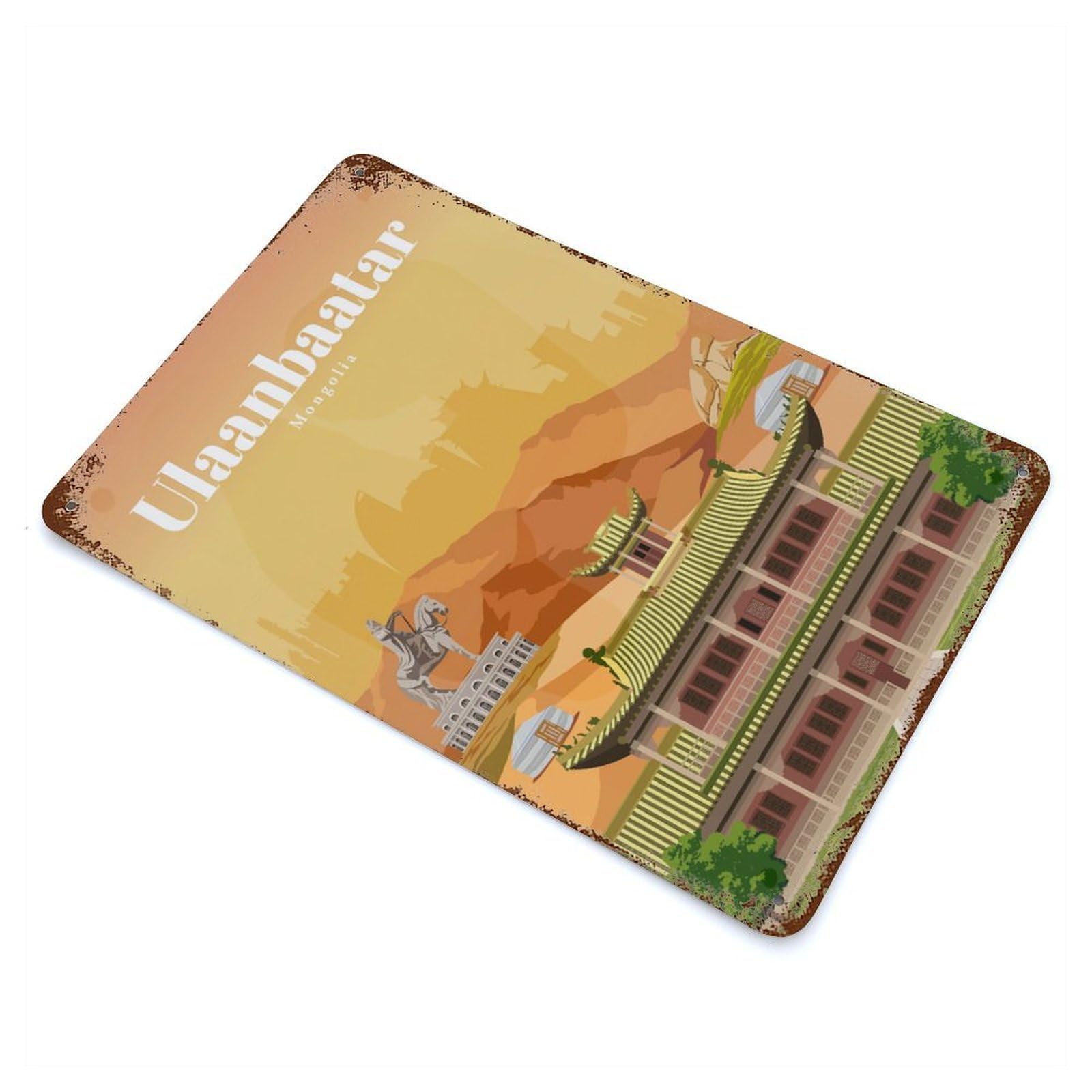 Rustic Tin Plaque Travel to Ulaanbaatar 11.8"x7.9", Rustic Home Decor for Office, Studio And Wall Decor