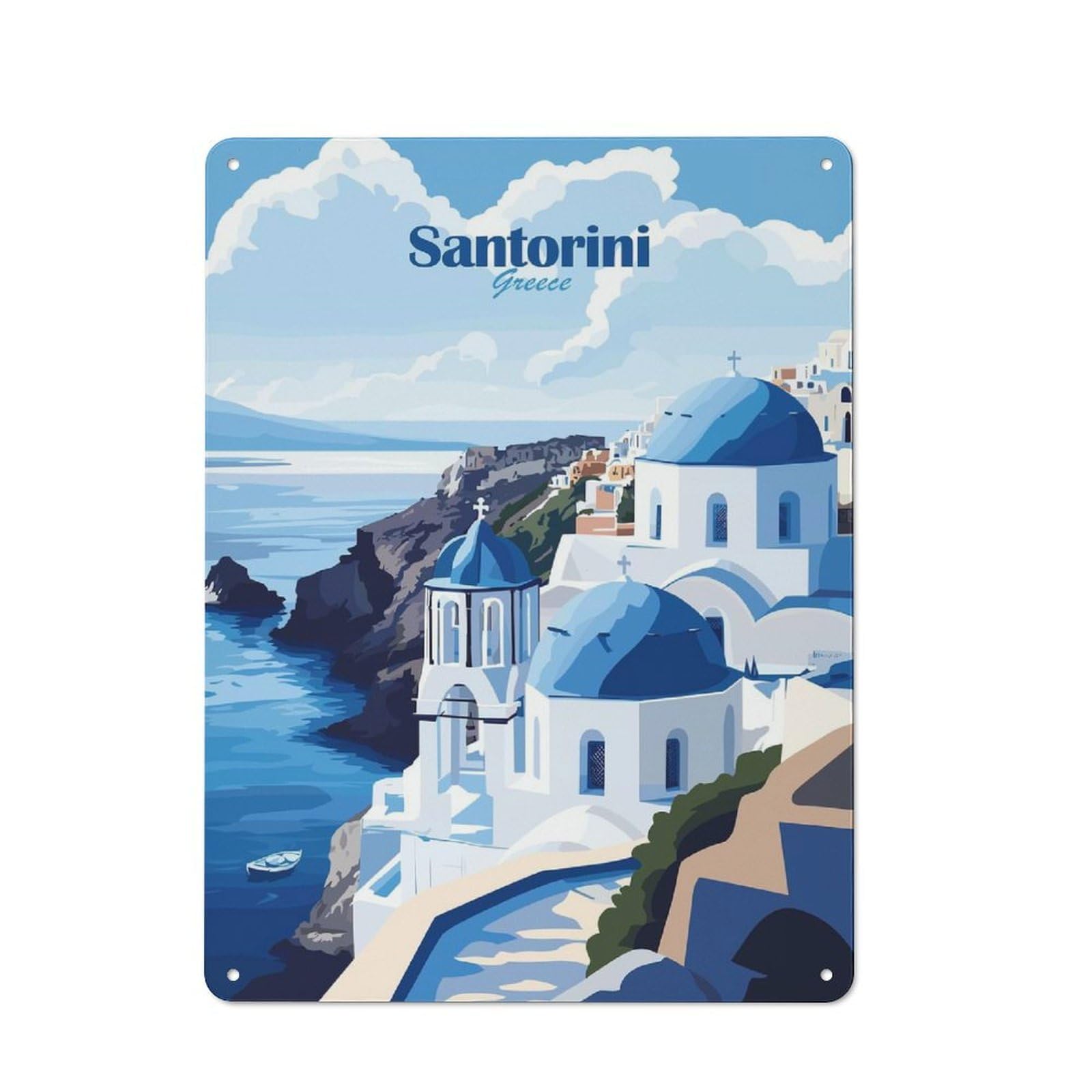 Junmoney Style-6 Modern Retro Decorative Metal Plaque 40X30cm Featuring Santorini Greece(4), Loft Wall Plaque For Flat, Bar, Studio Or Gallery Wall