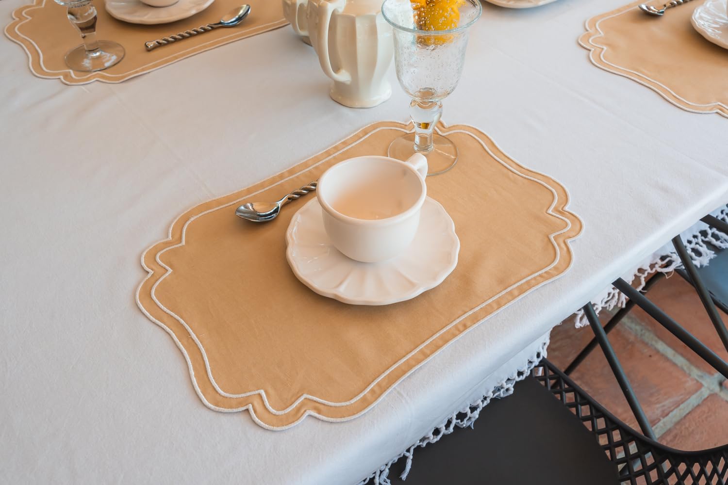Set 6 Tovagliette Tessuto Ricamo Ondulato, Beige