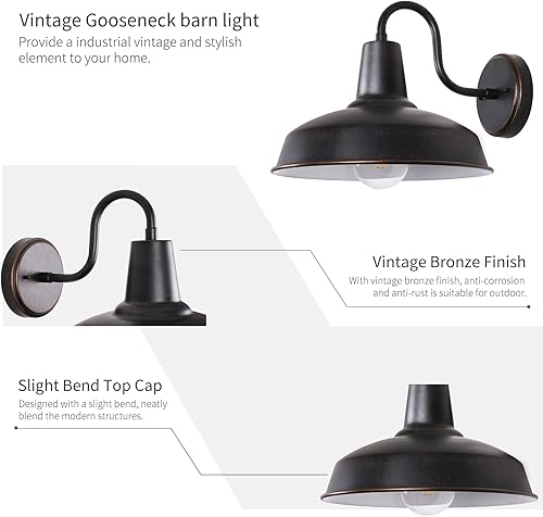 Miniatura 6 de GOALPLUS Lámpara de cuello de cisne de 14.2 pulgadas con montaje en pared, aplique de pared grande de bronce para exteriores con interior blanco,