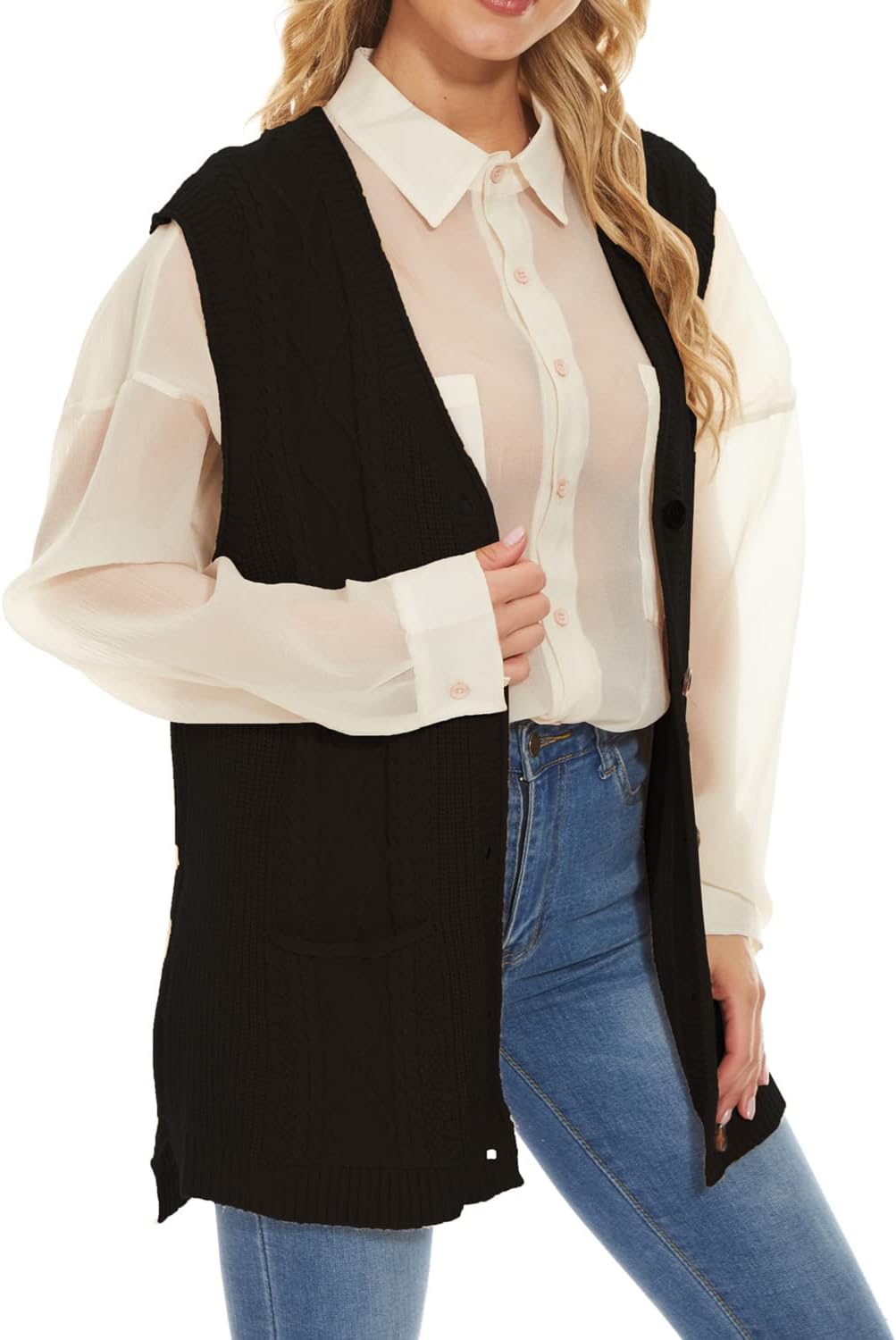 Hyipels Women's Sweater Vest,Long Cable Loose Knitted Sleeveless V Neck Casual Sweaters Tank Top S~XL - Image 3