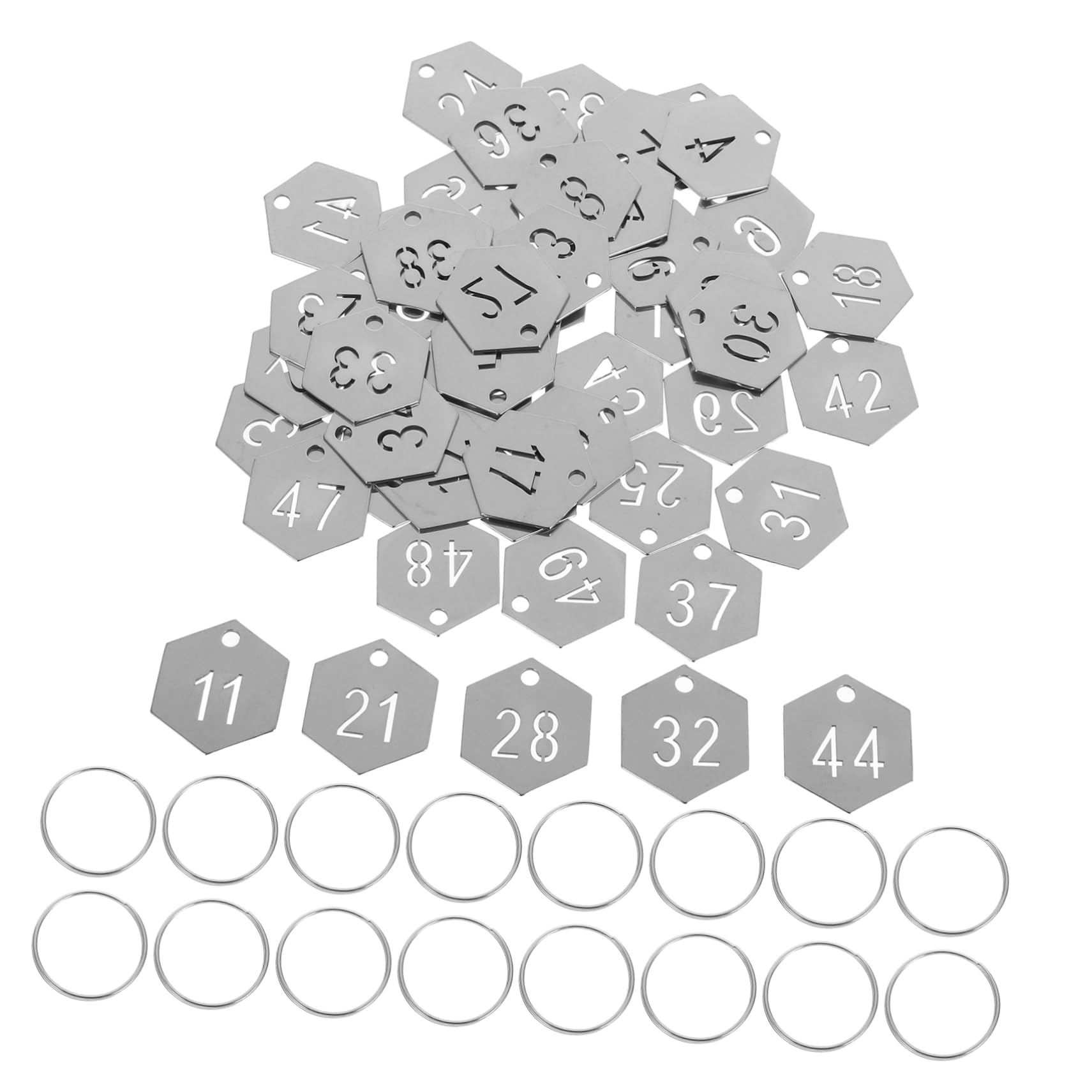 50 pezzi Etichette Numerate Esagonali in Acciaio Inossidabile con Portachiavi Targhette Metalliche Resistenti per Chiavi Armadietti e Organizzazione