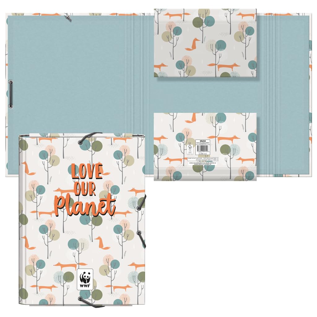 Dohe - Carpeta Escolar Solapas y Gomas - Tamaño Folio 26,5x35 cm, Capacidad 100 Hojas, Tapa Dura de Cartón, Portafolios Vuelta al Cole, Material Escolar - WWF Love Our Planet