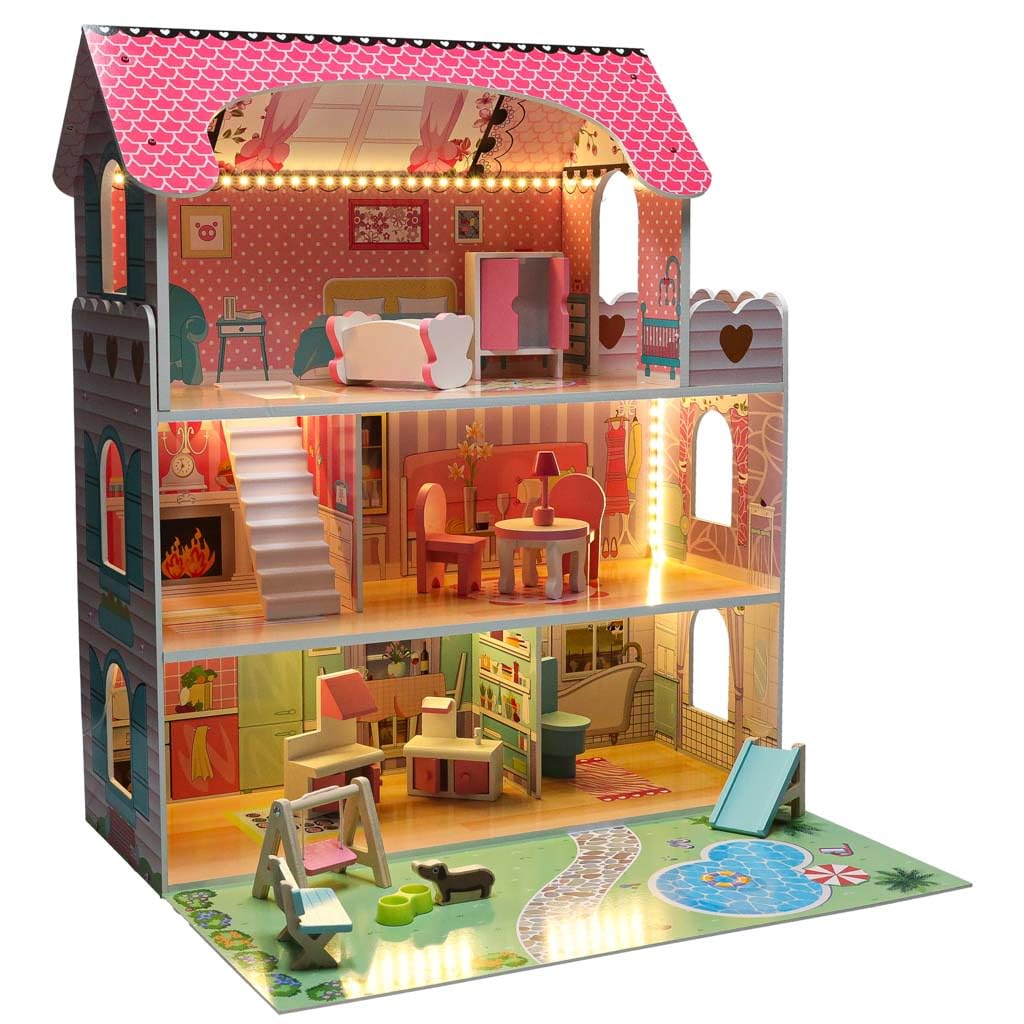 Casa delle Bambole in Legno con Giardino, LED - Rosa - Grande 70 x 61 x 51 cm