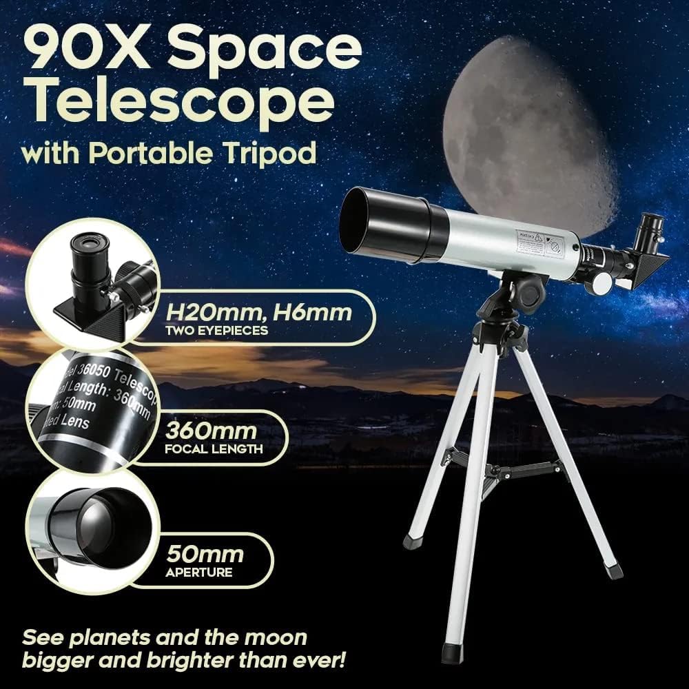 Kinder Teleskop, 360/50mm Astronomie Teleskop mit Sucherfernrohr und Stativ – Tragbares Refraktor Teleskope für Kinder, Erwachsene und Anfänger (Blau)