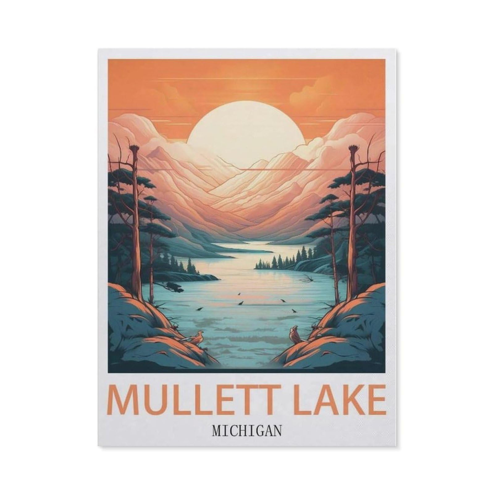 Beayodkp （40 X 50 Cm/15.74 X 19.68 Inches） 5D Diamond Painting，Mullett Lake Michigan Vintage Travel Posters，Diamond Embroidery Cross Stitch-Ch79