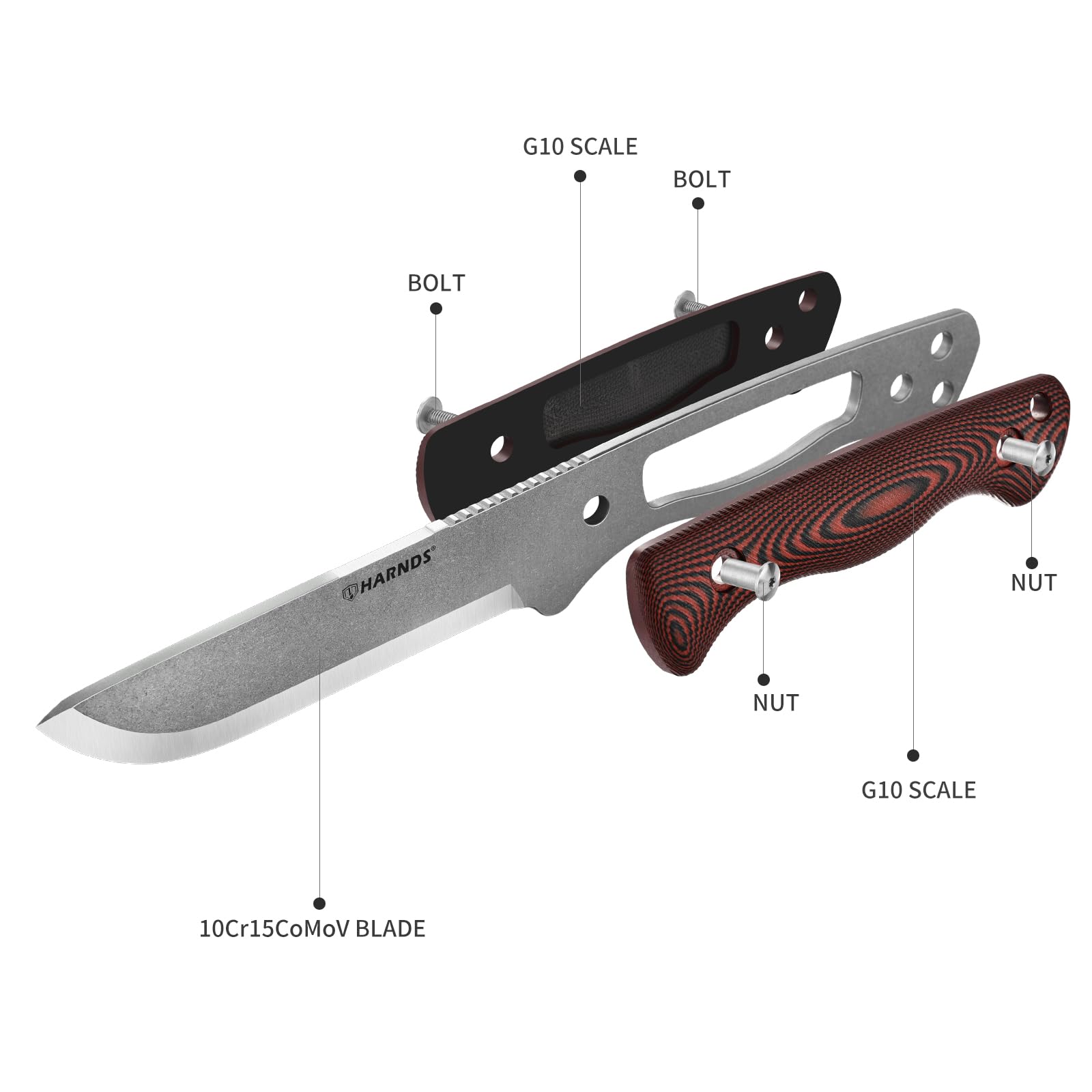 HARNDS Discovery Cuchillo de fijación de tono completo al aire libre en acero 10Cr15CoMoV con empuñadura G10 extraíble, carcasa ajustable, alisado escandinavo (negro-rojo)