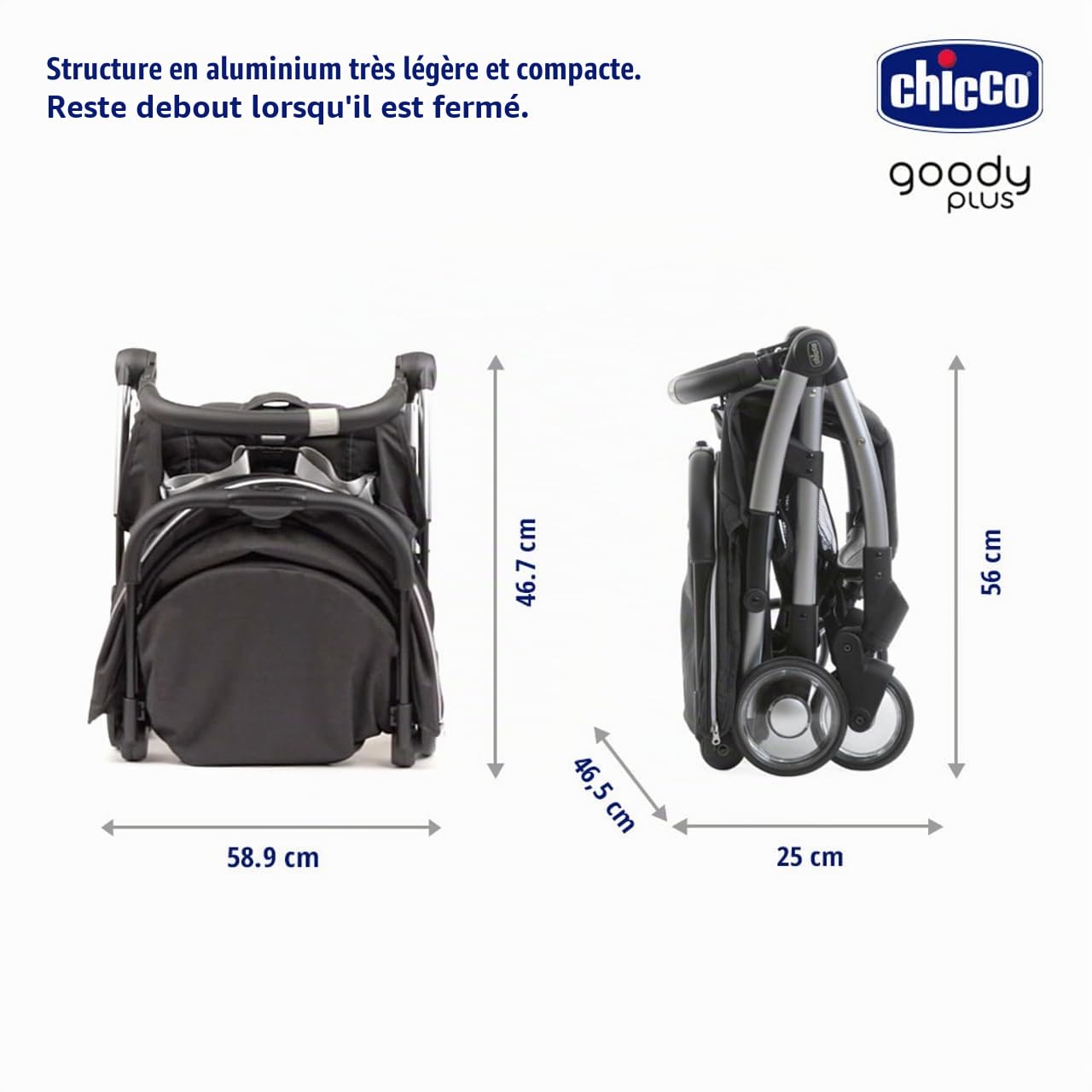 Chicco, Goody Plus Graphite, Poussette 0 Mois-4 Ans, avec Fermeture Automatique et Compacte, Capote Extensible avec Traitement UV50+ Anti-Pluie, Dossier Inclinable et Réglable en 3 Positions