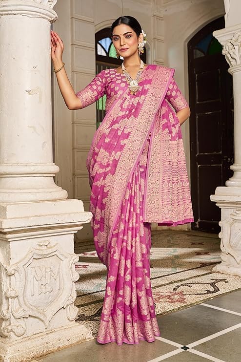 Image of MADHUHANSH Women's Cotton Linen Saree with Unstitched Blouse Piece and Floral Printed Pattern | Women Saree for Special Occasion | Stylish Modern Sarees