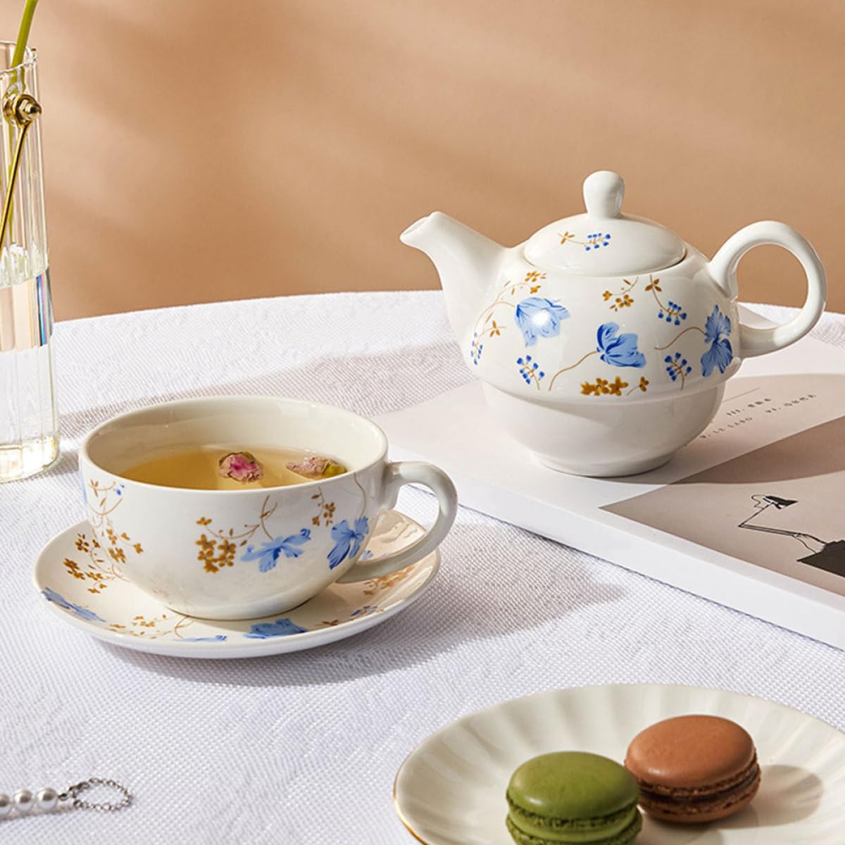 Abaodam Juego de Té de Cerámica con Tetera de 480ml y Taza de 350ml, Diseño Retro y Superficie Delicada, Adecuado para Hojas Sueltas y Agua de Frutas en Festivales o Regalos