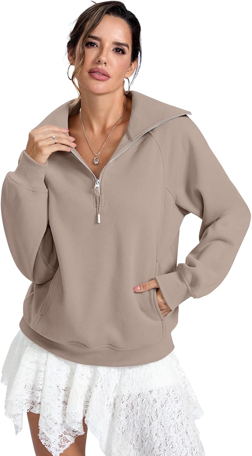 Womens Fleece Lined Sweatshirts Oversized Half Zip Pullover with Pocket Trendy Long Sleeve Tops Outfits Clothes - Image 3