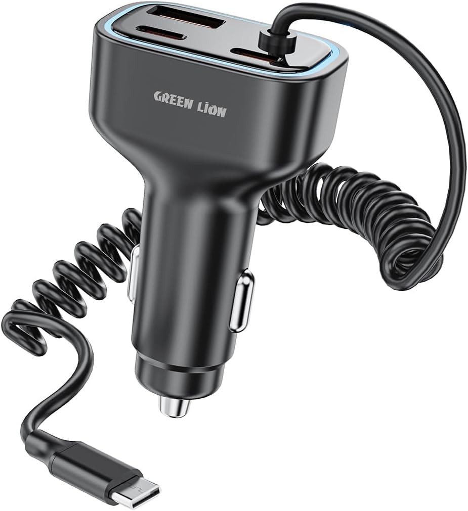 90W Dual PD Car Charger, Fast Charging for Multiple Devices, 4 USB-C Ports Car Adaptor & Built-In USB-C Cable, 45W USB-C, 30W USB-A for iPhone17/16/15/14 Series, SamsungS25/S24/S23 - Gray
