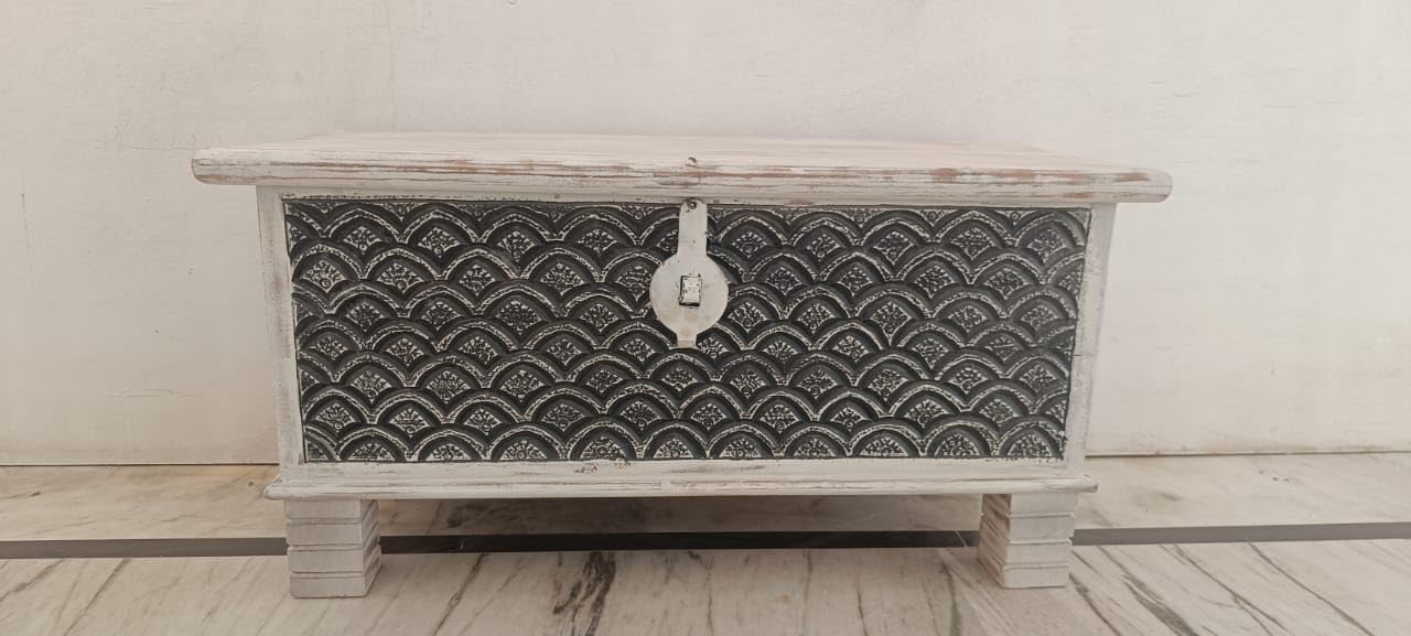 Wooden Handcarved Wooden Trunk | Black & White Mango Wood Center Table with Storage Box for Living Room (90x40x45cm)-image-46