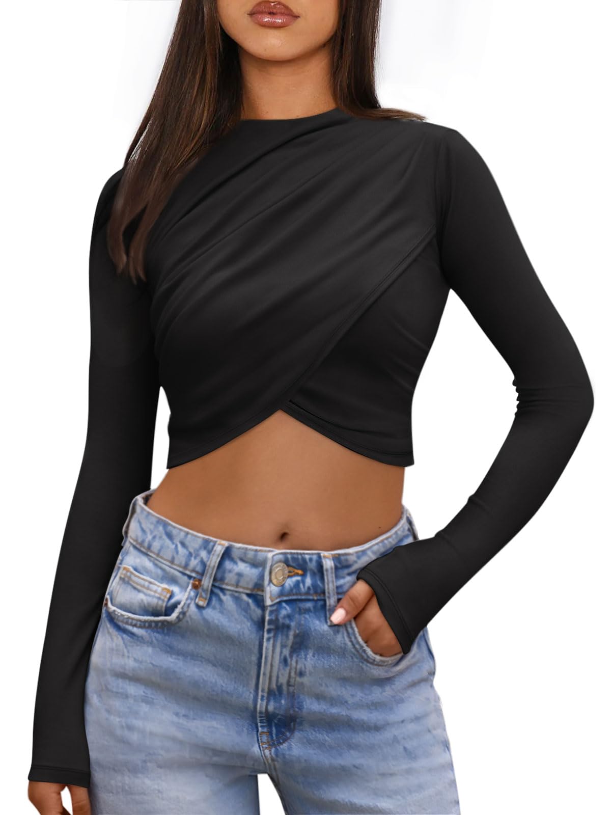 Trendy QueenWomens Long Sleeve Crop Tops Shirts Mock Neck Wrap Ruched Blouses Dressy Fall Outfits Going Out Clothes