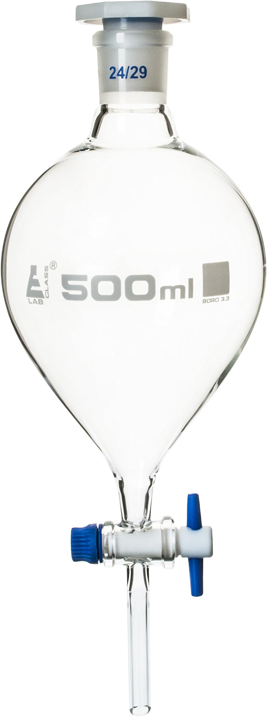 EISCO - Separating Funnel - Pear Shaped - 500 ml with PTFE Key Stopcock, Made of Borosilicate Glass 3.3, Laboratory Grade Funnel, Pack of 2