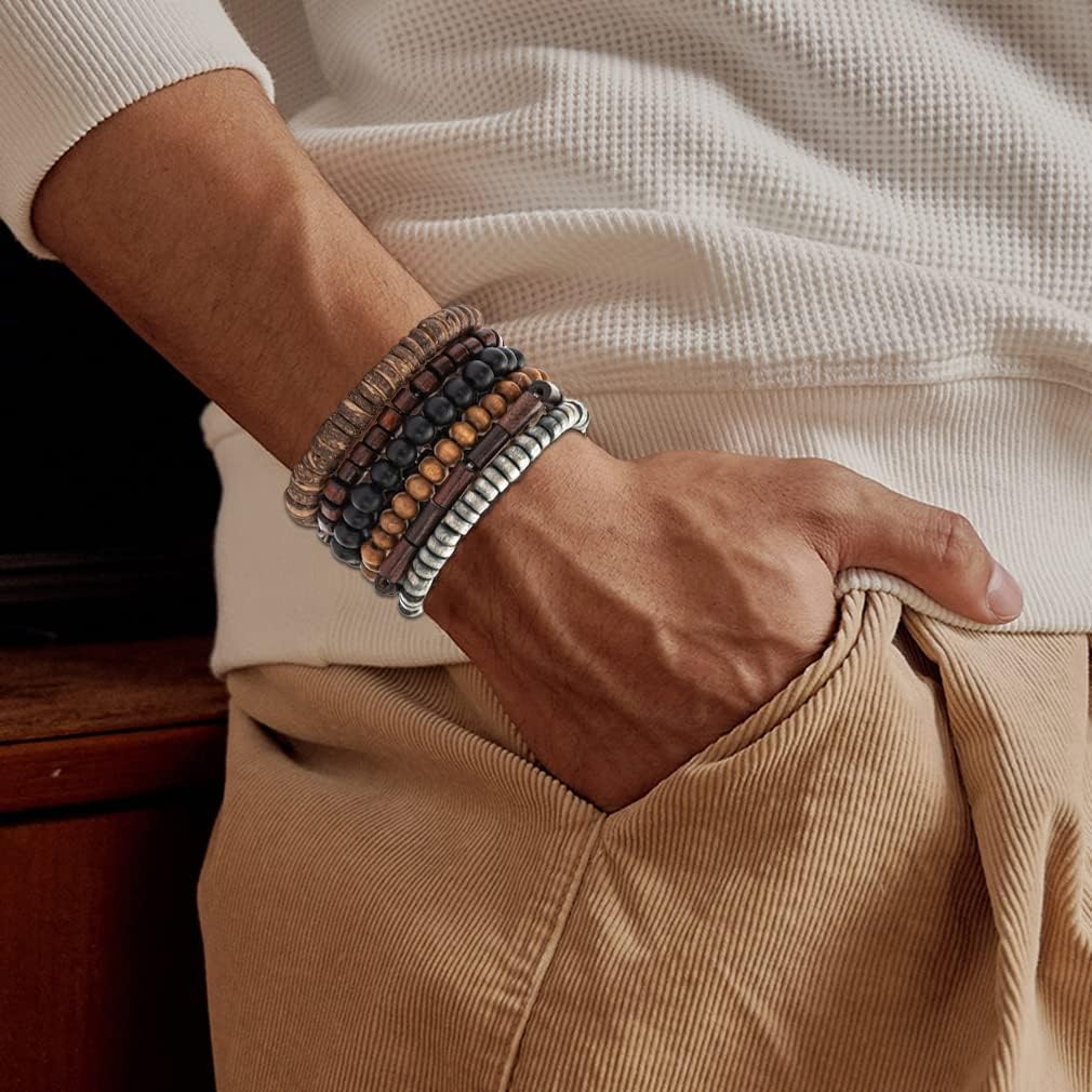 FIRAZIO 42Pcs Braided Leather Bracelets for Men Women Wrap Wood Beads Cuff Bracelet Hemp Cords Ethnic Tribal Handmade Wrap Wristband Bracelets Set Adjustable - Image 5