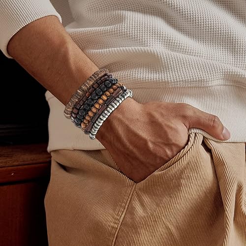 Miniatura 5 de FIRAZIO Juego de 42 pulseras de cuero trenzado para hombres y mujeres, pulseras de cuentas de madera, cuerdas de cáñamo, étnicas tribales hechas a