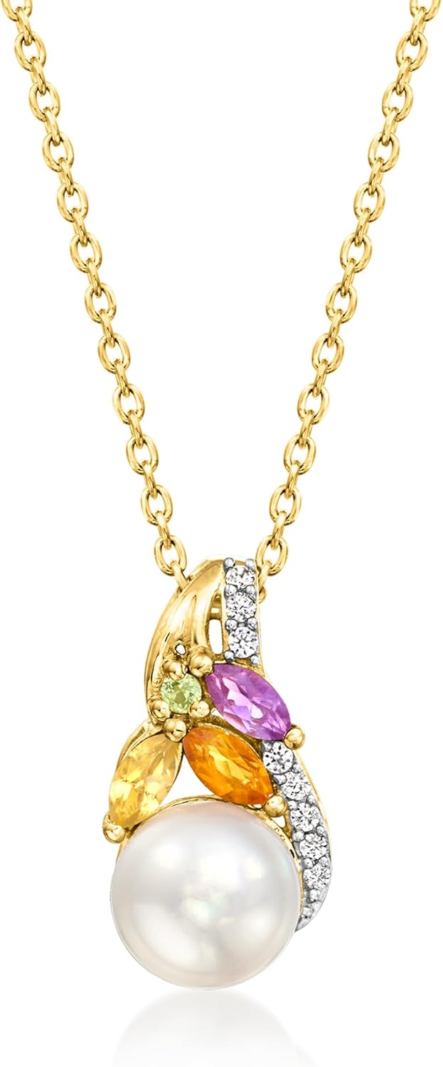 Ross-Simons 6.5-7mm Cultured Pearl and .30 ct. t.w. Multi-Gemstone Pendant Necklace in 18kt Gold Over Sterling. 18 inches