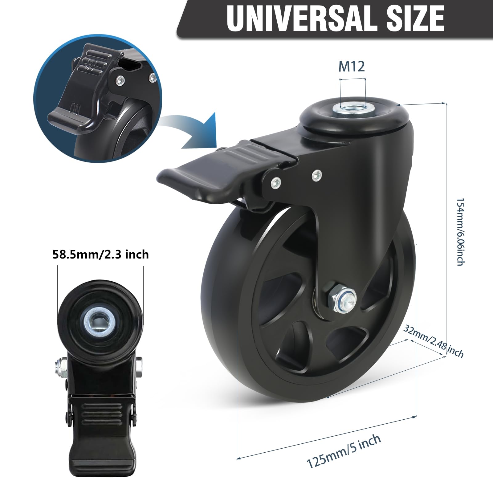 PrimeMatik - Industrieel zwenkwiel van polyurethaan met rem 100 mm M12 4-pack PrimeMatik - Industrieel zwenkwiel van polyurethaan met rem 100 mm M12 4-pack