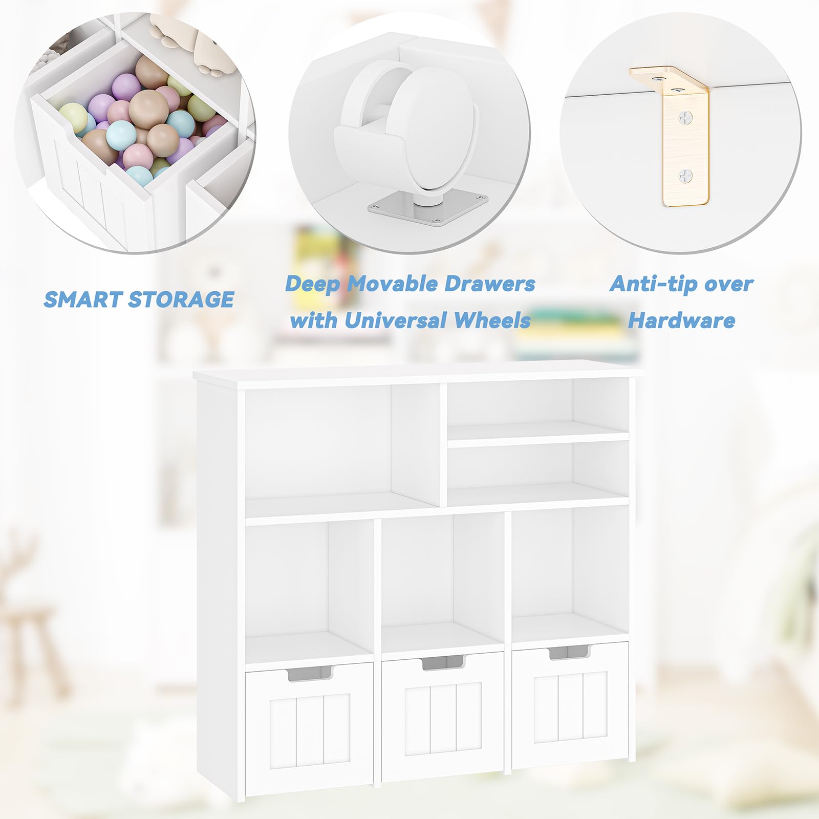 Kinderregal Mit Boxen Auf Rollen Und 6 Offenen Fächern, Kinderzimmer Möbel, Spielzeugregl, Aufbewahrungregal, Bücherregal Für Kinder, Kinderschrank, 100 x 33 x 89 cm