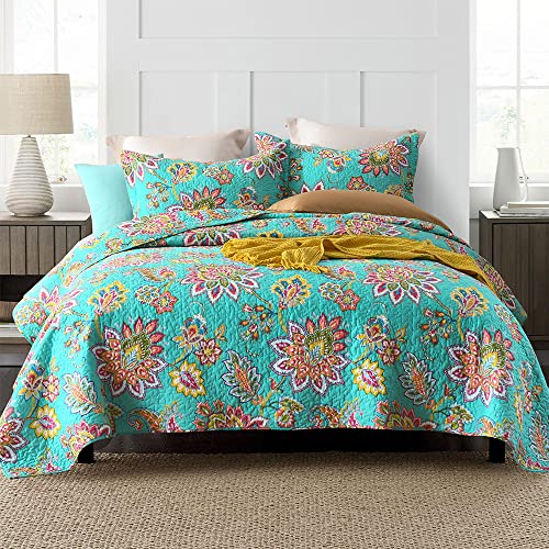 Wistown Cotton Bedspread Bedding Coverlet Quilt Sets, Reversible Vintage Branch Floral Bedspread comforters, (Vintage Turquoise Paisley Floral Pattern, King Size)