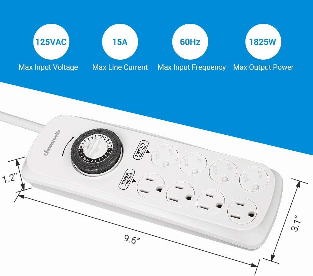 DEWENWILS Mechanical Timer Power Strip with 8 Outlets, Flat Plug, 6ft Long Cord, Overload Protection, Indoor Timer for Bearded Dragon Tanks, Aquarium, Grow Lights, Plants, Holiday Lights, UL Listed - - 
