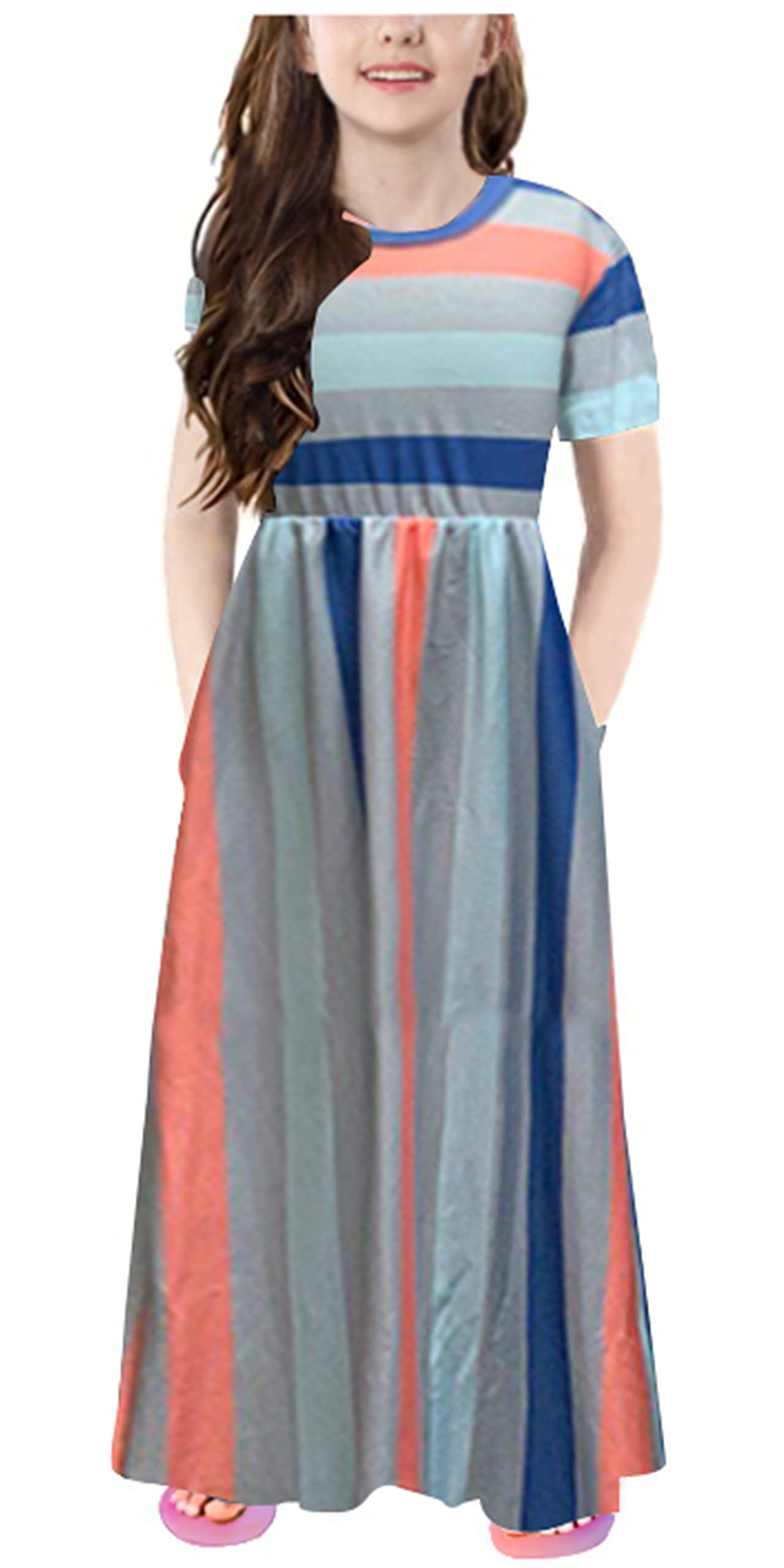 Miss Bei Girl's Summer Short Long Sleeve Stripe Holiday Dress Maxi Dress with Pocket Size 6-12T
