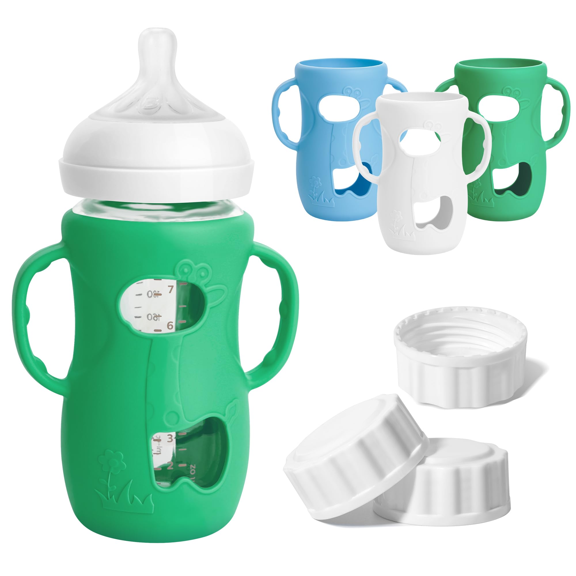 3 Pack Silicone Sleeves for Philips Avent Natural Glass Baby Bottle, Food Grade Silicone Cover and 3pcs Travel Caps, Lids Replacement (White+Blue+Green, 8oz)