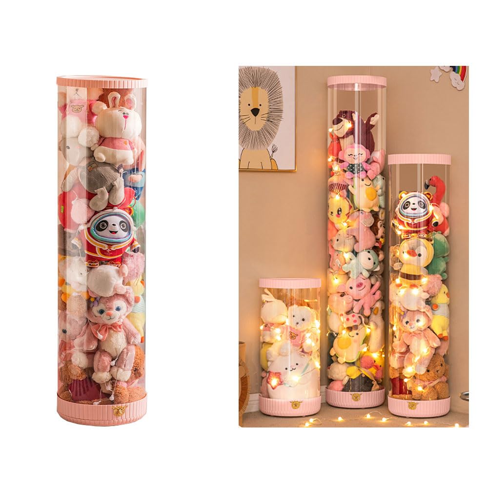 Plastic Toys Storage Box, Rotatable Plusy Toys Display Organizer with Decorative Light for Kids, 120CM Clear Cylinder Stuffed Animals Dolls Toys Container for Nursery Bedroom Living Room Decoration