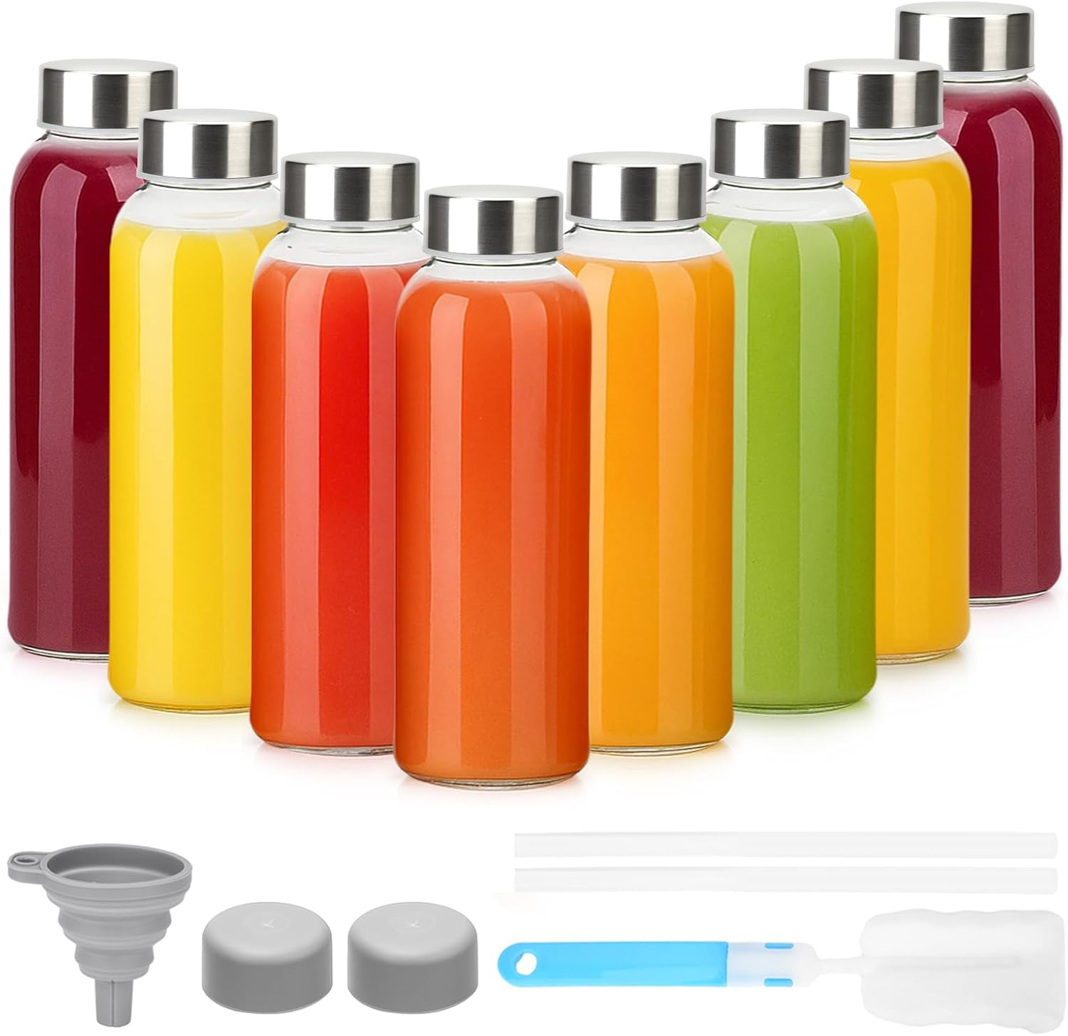 Luxfuel 10 oz Clear Glass Bottle with Lid, Reusable Glass Water Bottles with Stainless Steel Cap & Straws for Juicing, Milk, Ginger & Smoothies, Refrigerator, Leak-Proof, Juice Containers Set of 8