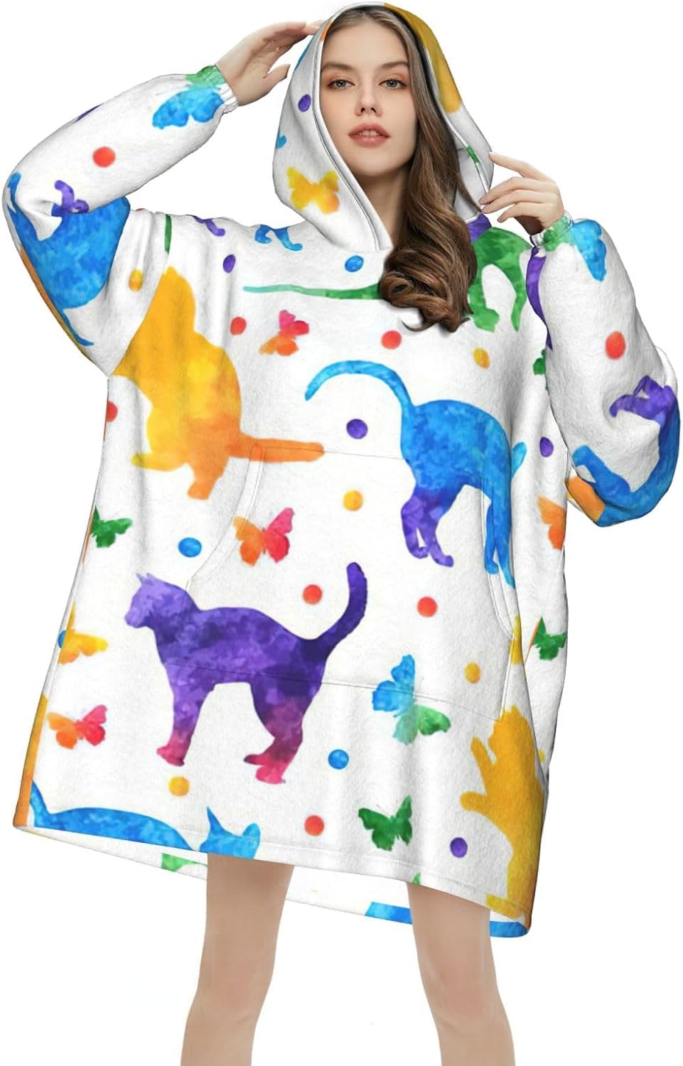 Butterfly Polka Dot And Catprint Oversized Hoodie Blanket, Super Soft Warm Comfortable Hoodie, Wearable Blanket Adult