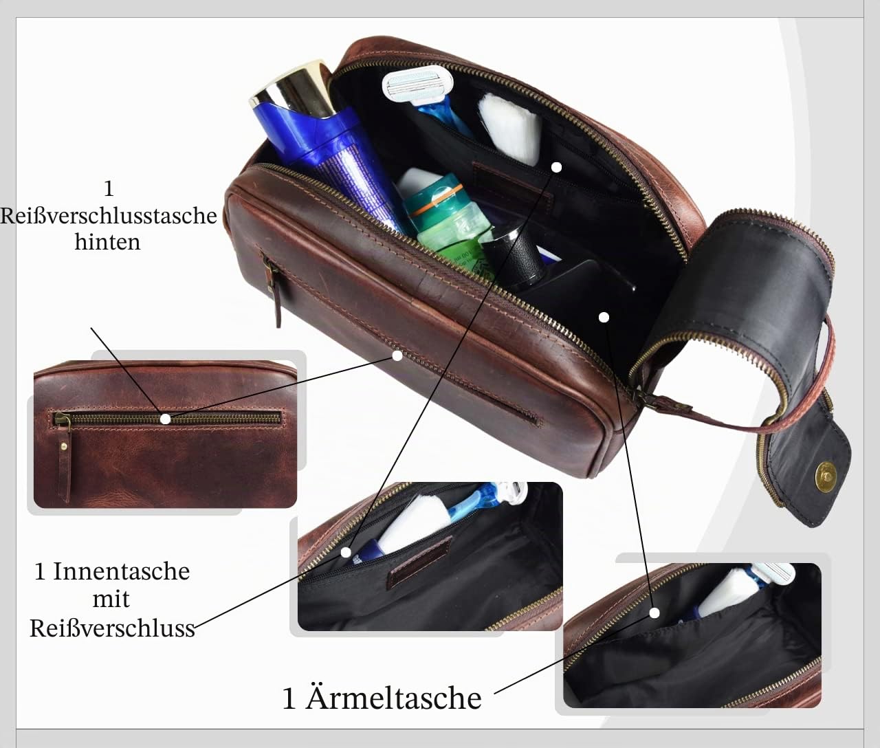 Leather Toiletry Bag for Men | Grooming Travel Kit | By Aaron Leather (Dark Brown- Dual Zipper) (Walnut)