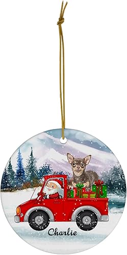 Miniatura 2 de Papá Noel en camión rojo con marrón bronceado Chihuahua adornos de Navidad personalizados 2023 círculo blanco cerámica cachorro dueño regalos