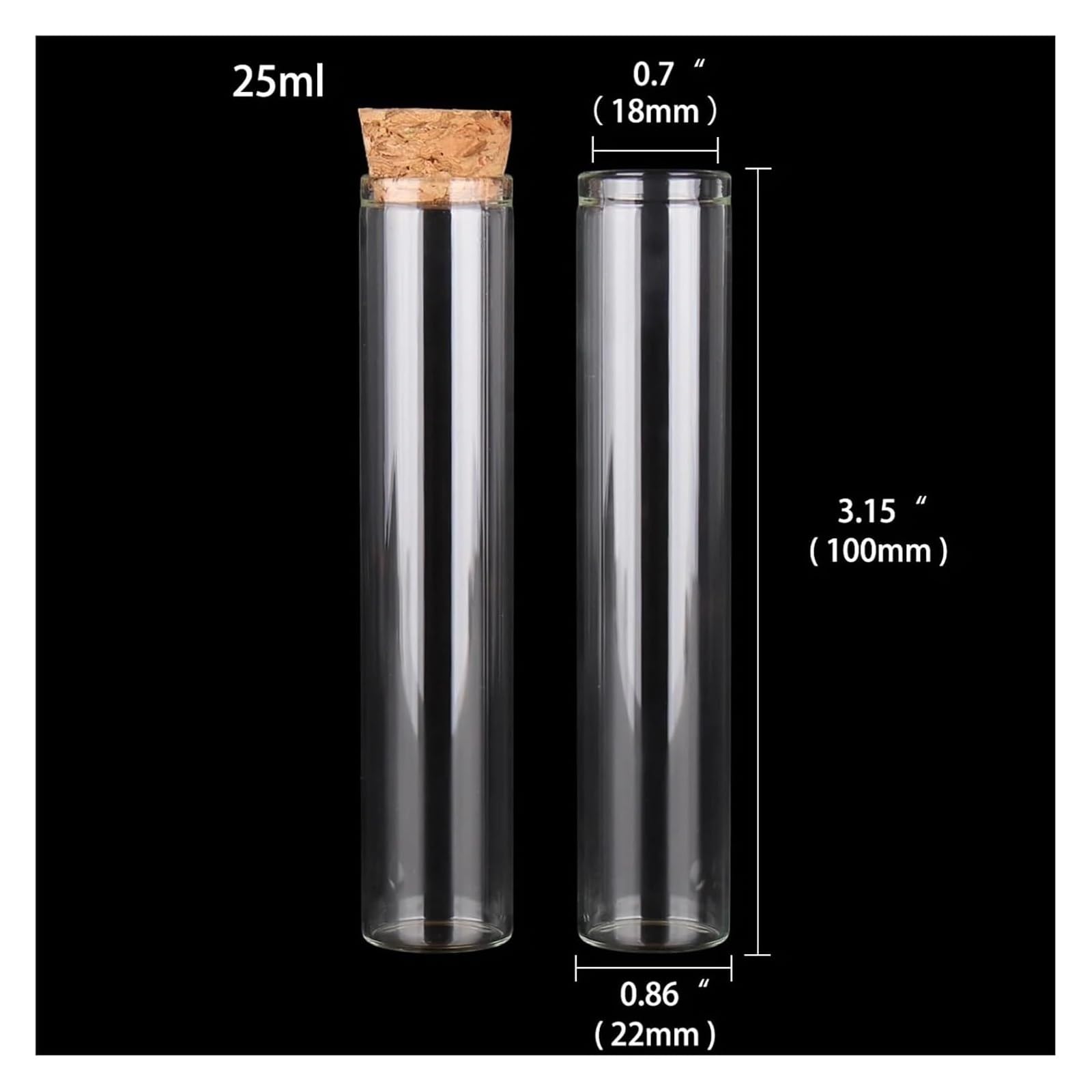 Przezroczyste szklane probówki, Szklane probówki z korkiem, opakowanie 24 sztuk o pojemności 5–30 ml, różne rozmiary(25ml 100mm)