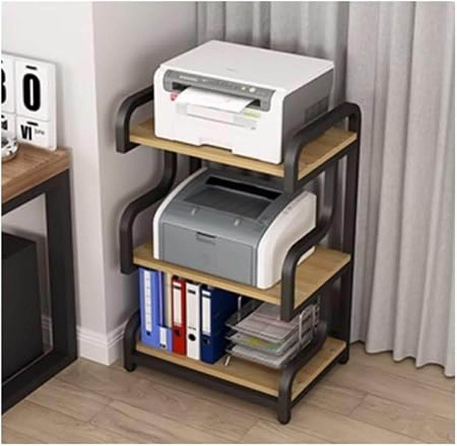 Supporto Stampante a Pavimento, scaffale a 3 Ripiani per Multifunzione fax e Scanner, Struttura portante per fotocopiatrice e trituratore, Colonna con Piano d'a, E