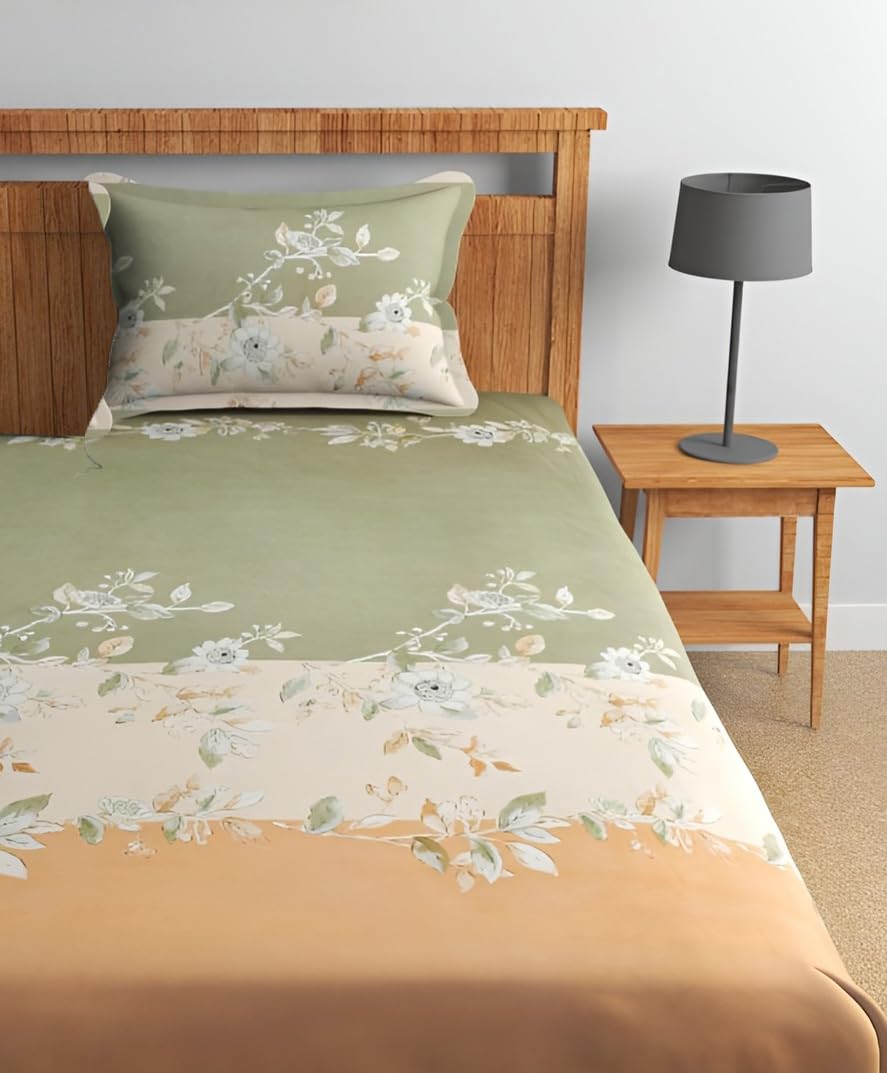 DECOMIZER Cotton Feel All Around Elastic Fitted Glace Printed Single Bed Bedsheet with 1 Large Pillow Cover Fits Upto Mattress of 6 Inches,Size - 42 x 75 x 8 Inches, Peach Patta