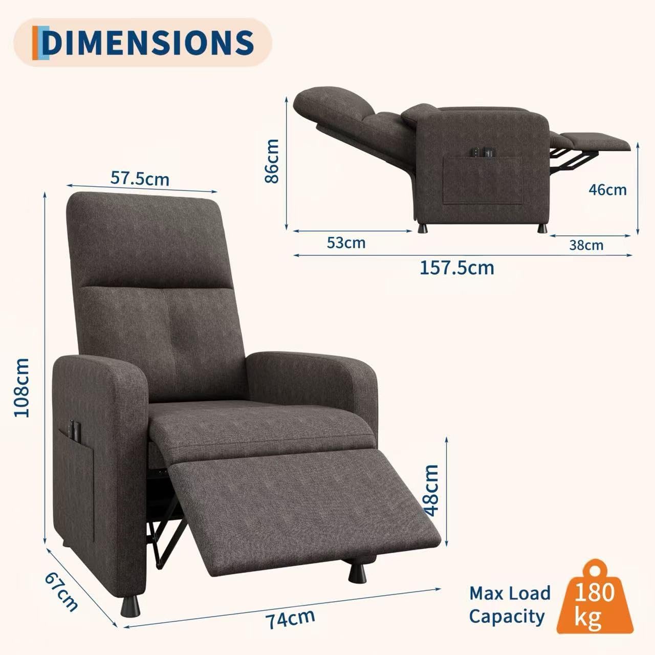 GarveeHome Fernsehsessel Elektrisch Relaxsessel Ruhesessel, massagesessel mit wärmefunktion, Verstellbarer Fernsehsessel mit Fußstütze, Einzelsofa,für Wohnzimmer, Schlafzimmer oder Büro (Braun)
