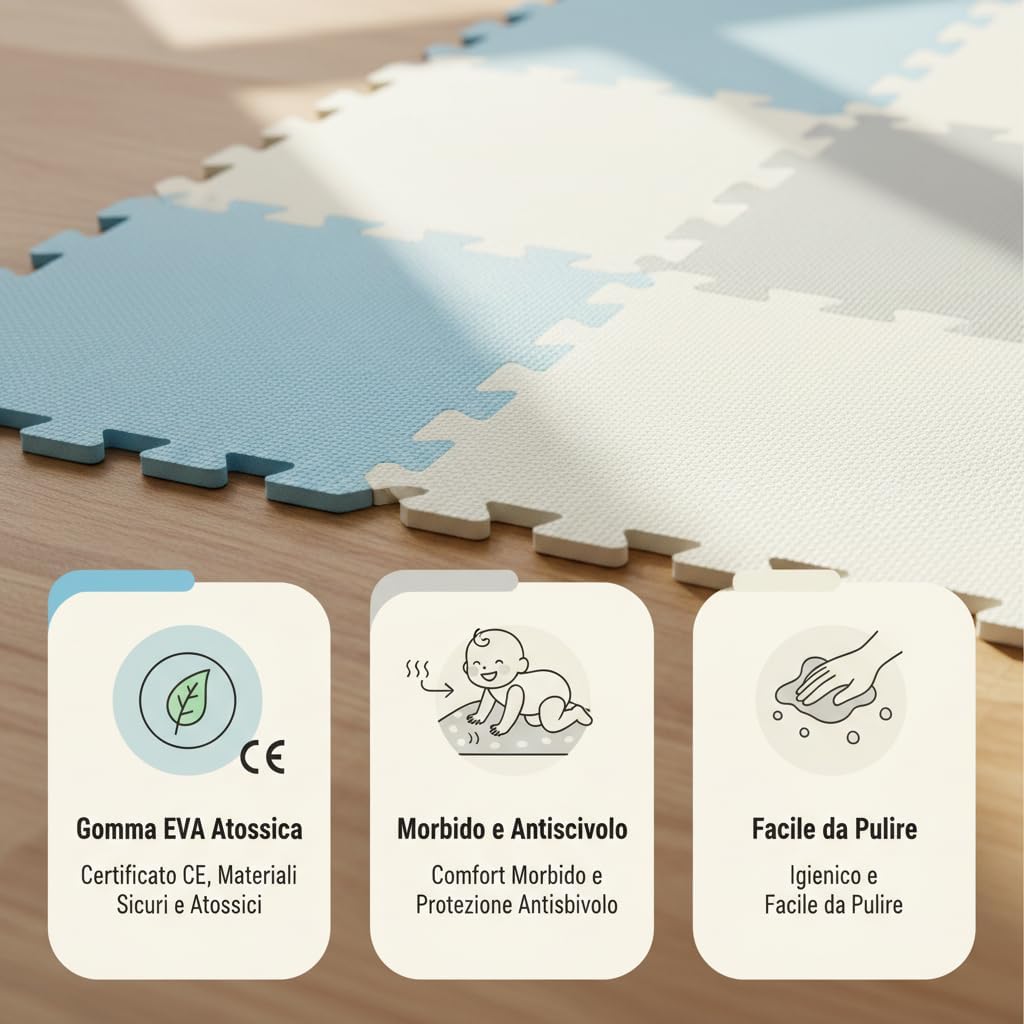 Tappeto Puzzle Bambini in EVA Antiscivolo – 18 Pezzi Blu e Grigio 29,5x29,5 cm, Morbido e Atossico, Tappetone Gioco per Gattonare, Certificato CE, WELLDER