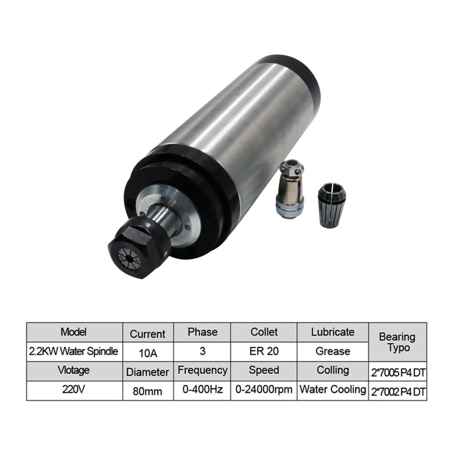 Zestaw wrzeciona chłodzonego wodą 2,2 kW ER20, wrzeciono chłodzące wodę + falownik 2,2 kW + uchwyt wrzeciona 80 mm + pompa wodna 75 W (Steel Ball Bearing, 220 V)