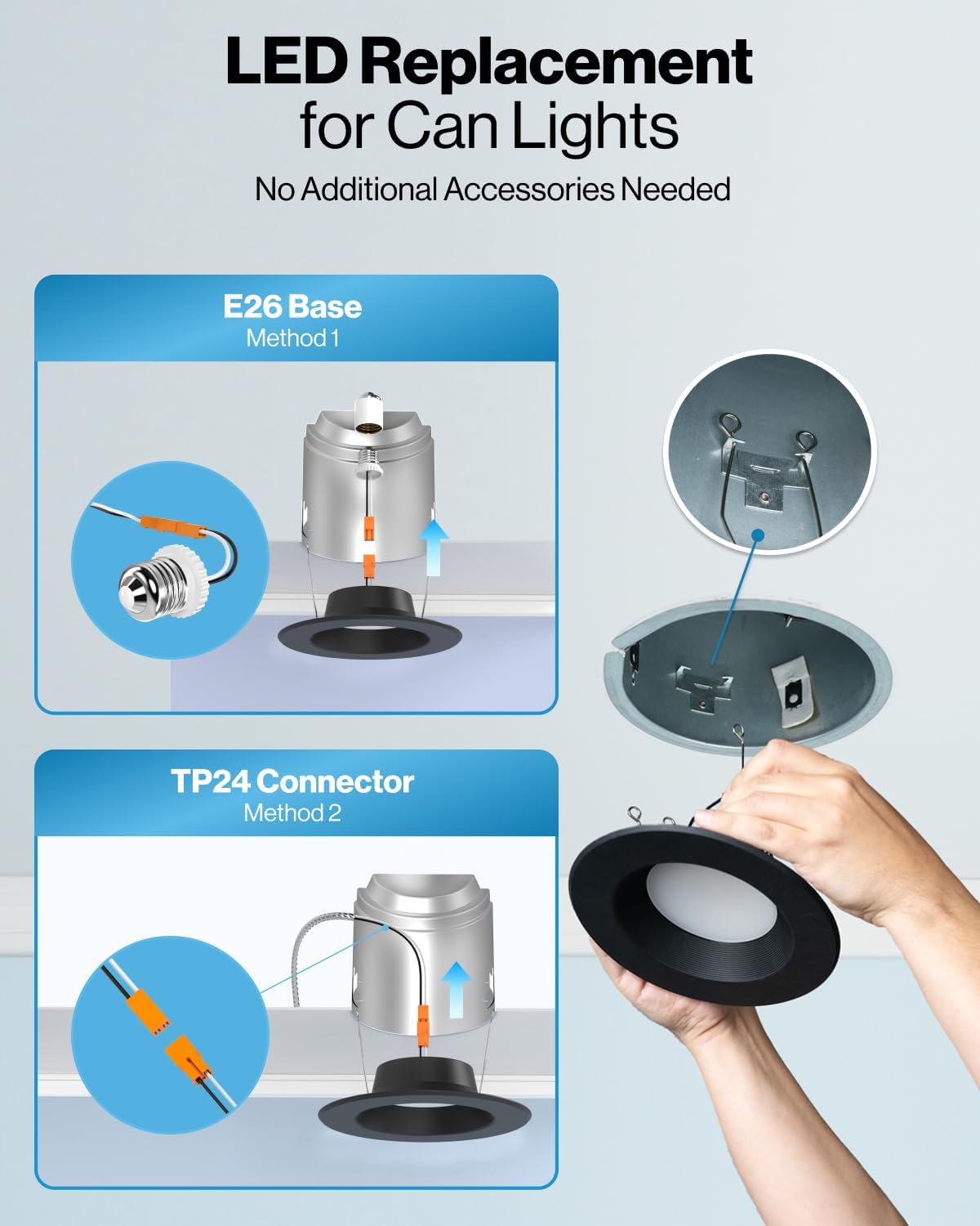 Diagram showing two installation methods: E26 Base and TP24 Connector for LED recessed lights.