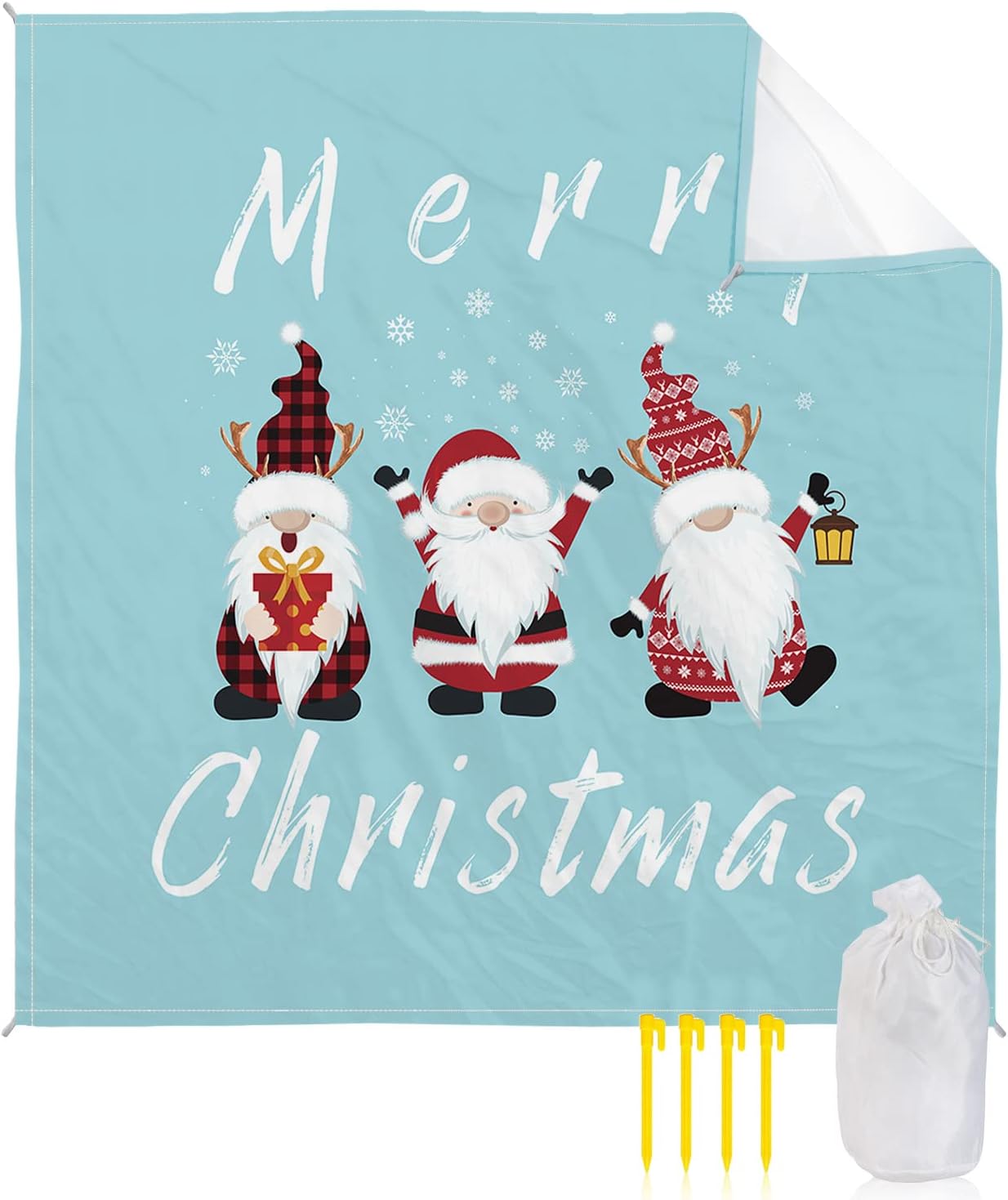 Merry Christmas Cute Winter Gnomes Beach Blanket Waterproof Sandproof Outdoor Picnic Mat 95"x80" Red Plaid Snowflake Hat Lightweight Large Beaach Blankets with 4 Stake & 4 Corner Pockets