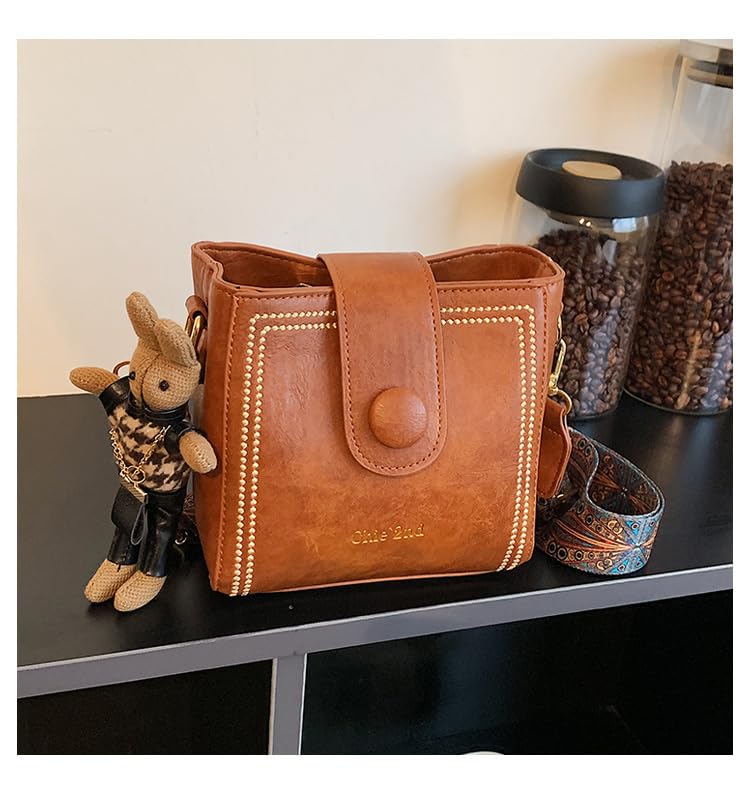 Image of Women PU Retro bucket Handbag | Shoulder Bag | Messenger Bag (Dark Brown)
