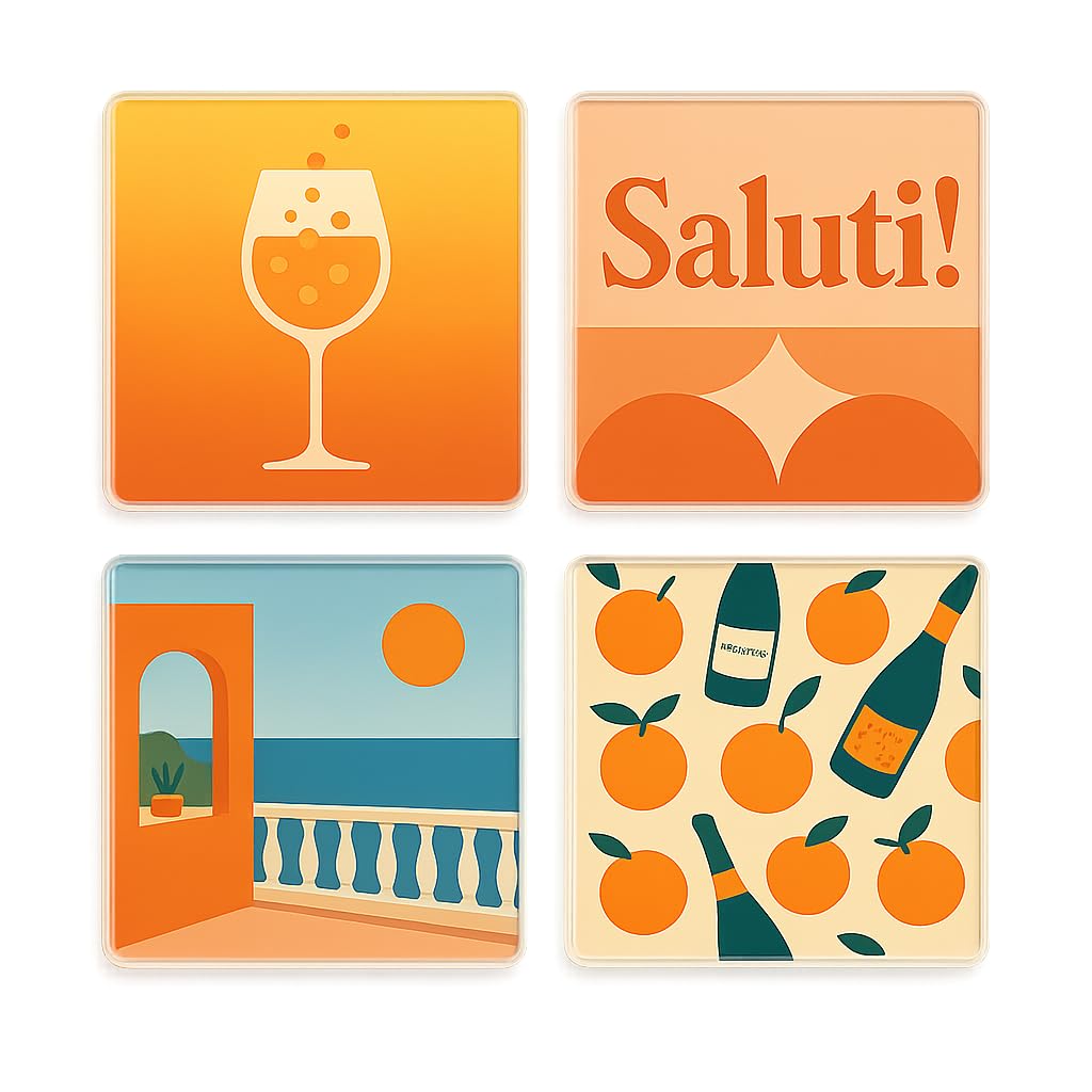 Acrylic Coaster Gift Set of 4 with Mid-Century Italian Design - Terrace Bliss Aperol Spritz Home Bar Decor for Summer Celebrations