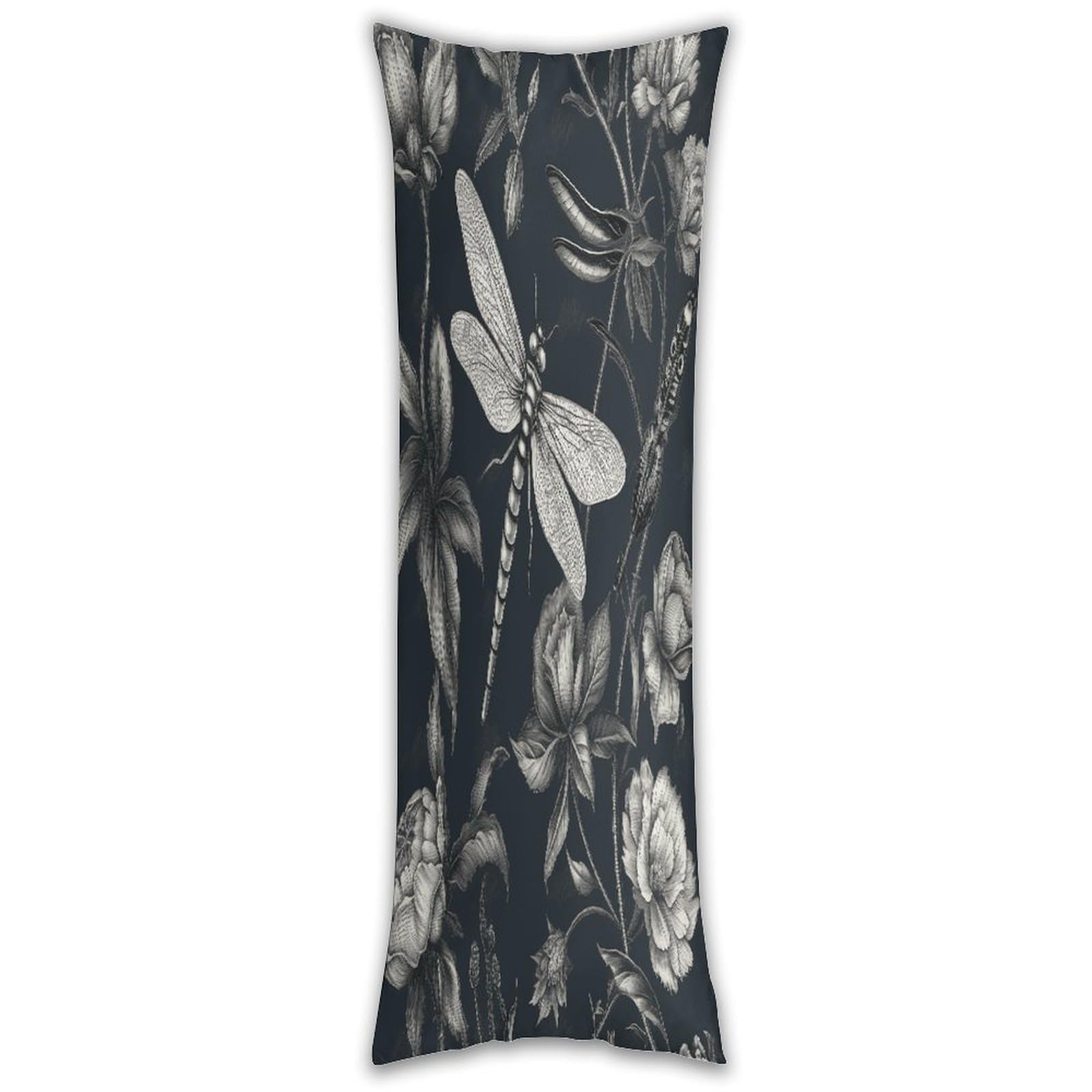 Black Flowers and Dragonfly Body Pillow Cover with Hidden Zipper Breathable Polyester Long Pillow Case Cozy Fuzzy Body Pillowcase Ultra Soft Long Pillow Cover for Bedroom 18.9 X 53 in