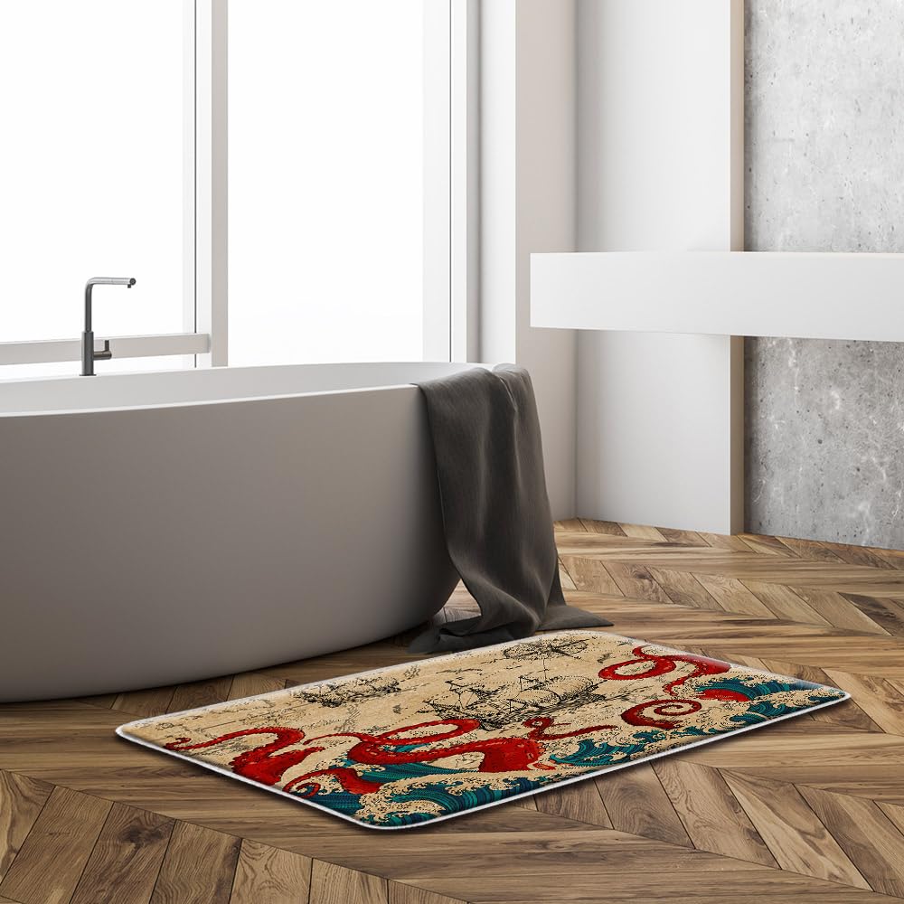 Sunhe Japanese Great Wave Bath Mat Red Octopus Tentacle Nautical Map Boat Cool Ocean Animal Vintage 16